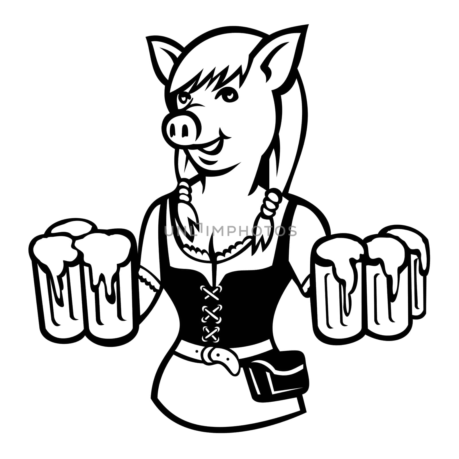 Mascot illustration of lady pig Oktoberfest waitress, beer maid or beer waitress wearing a dirndl serving six mugs of beer viewed from front on isolated background in retro style.
