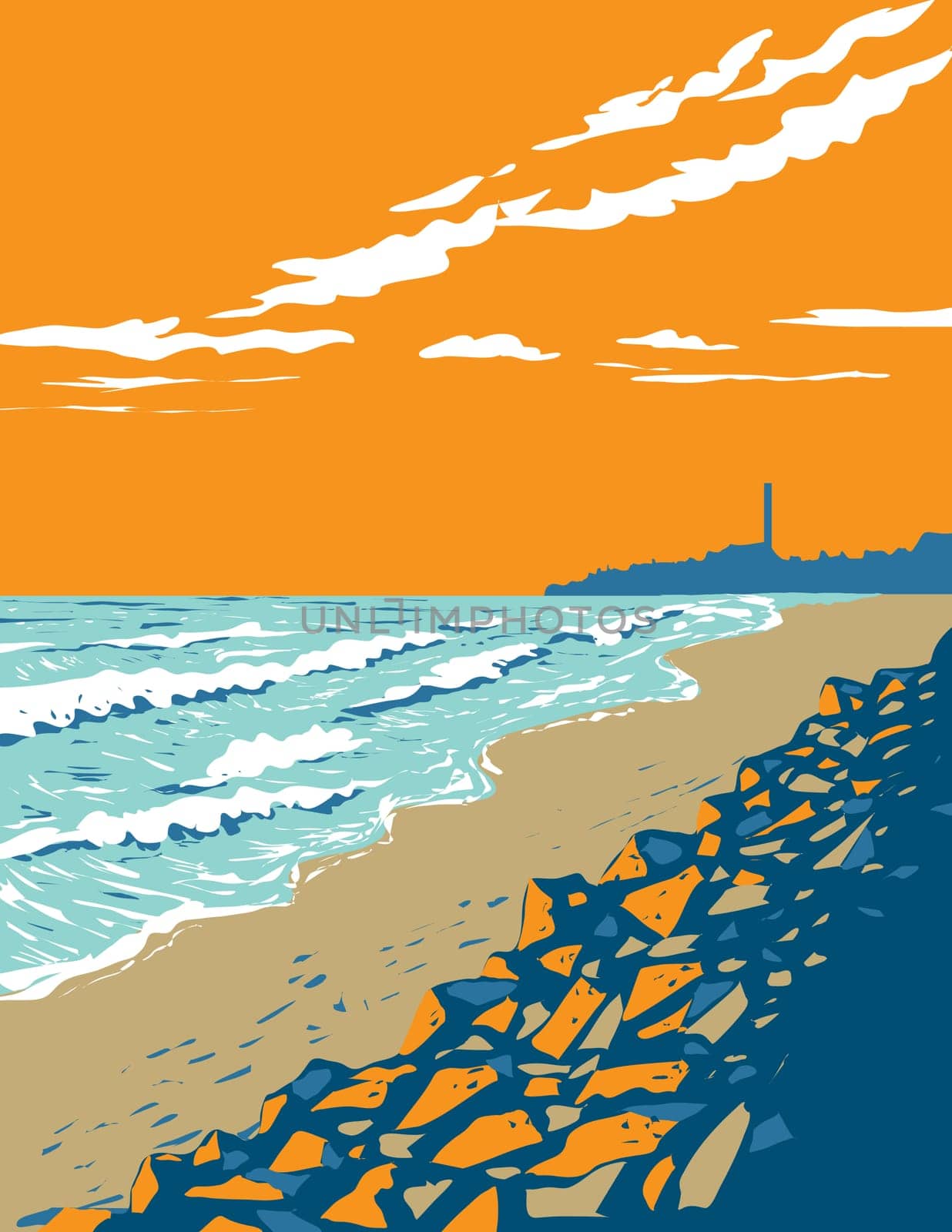 WPA poster art of surf beach at North Ponto Beach within South Carlsbad State Beach park in Carlsbad, California, United States USA done in works project administration.
