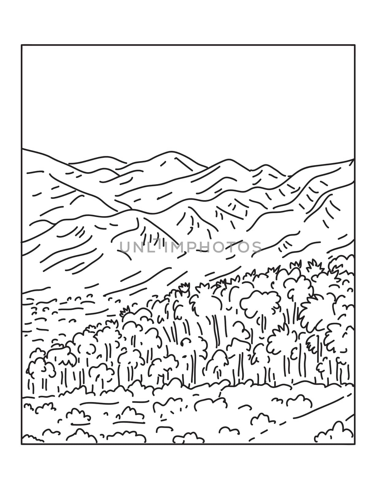 Mono line illustration of Sand to Snow National Monument located in San Bernardino County and northern Riverside County, Southern California done in monoline line art style.