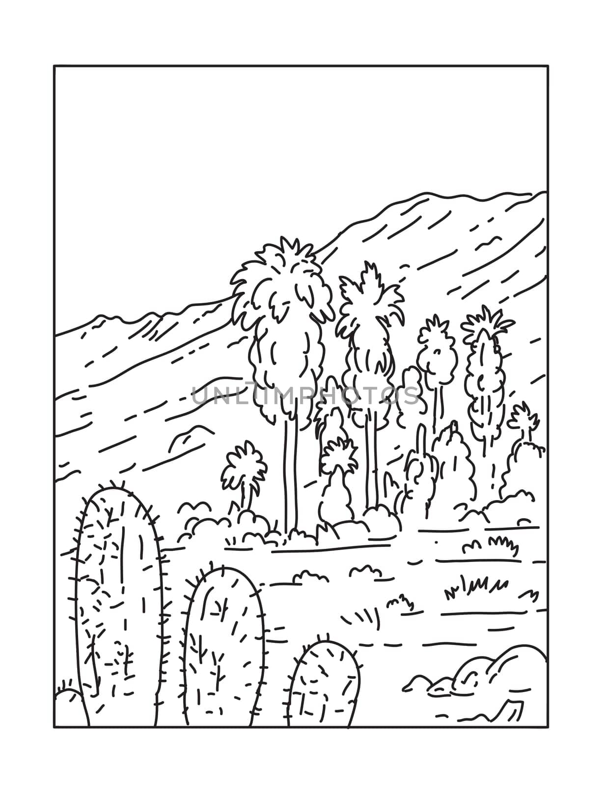 Mono line illustration of Santa Rosa and San Jacinto Mountains National Monument in southern California done in monoline line art style.