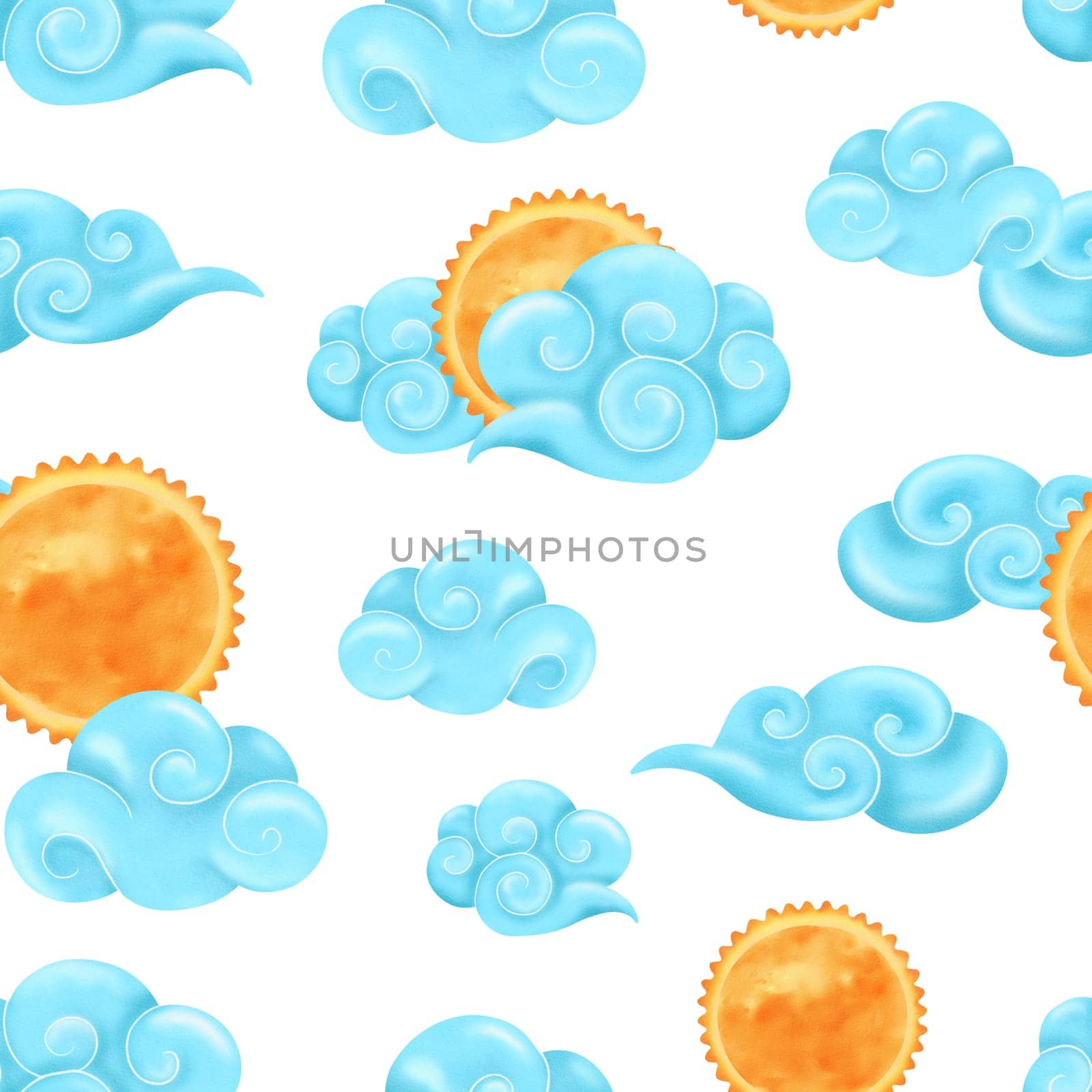 Seamless pattern of blue clouds in a Chinese style. This watercolor illustration. sunny day, cheerful atmosphere. Perfect for textiles and decorating children's rooms in a playful cartoonish style by Art_Mari_Ka