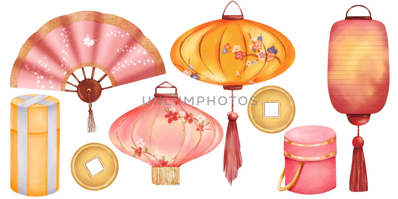 Watercolor set of isolated elements: gifts, fan, festive garlands, and paper Chinese lanterns, all in a Chinese-inspired style. Perfect for Chinese New Year, Lantern Festival, Eastern cultural themes, and birthday