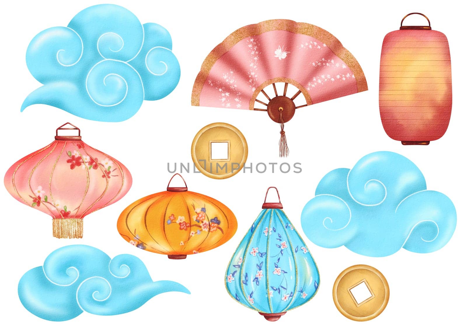 Set of watercolor isolated elements: cloud, fan, golden coins, and paper Chinese lanterns, all in a Chinese-style design. Perfect for Chinese New Year, Lantern Festival, or depicting Eastern culture.