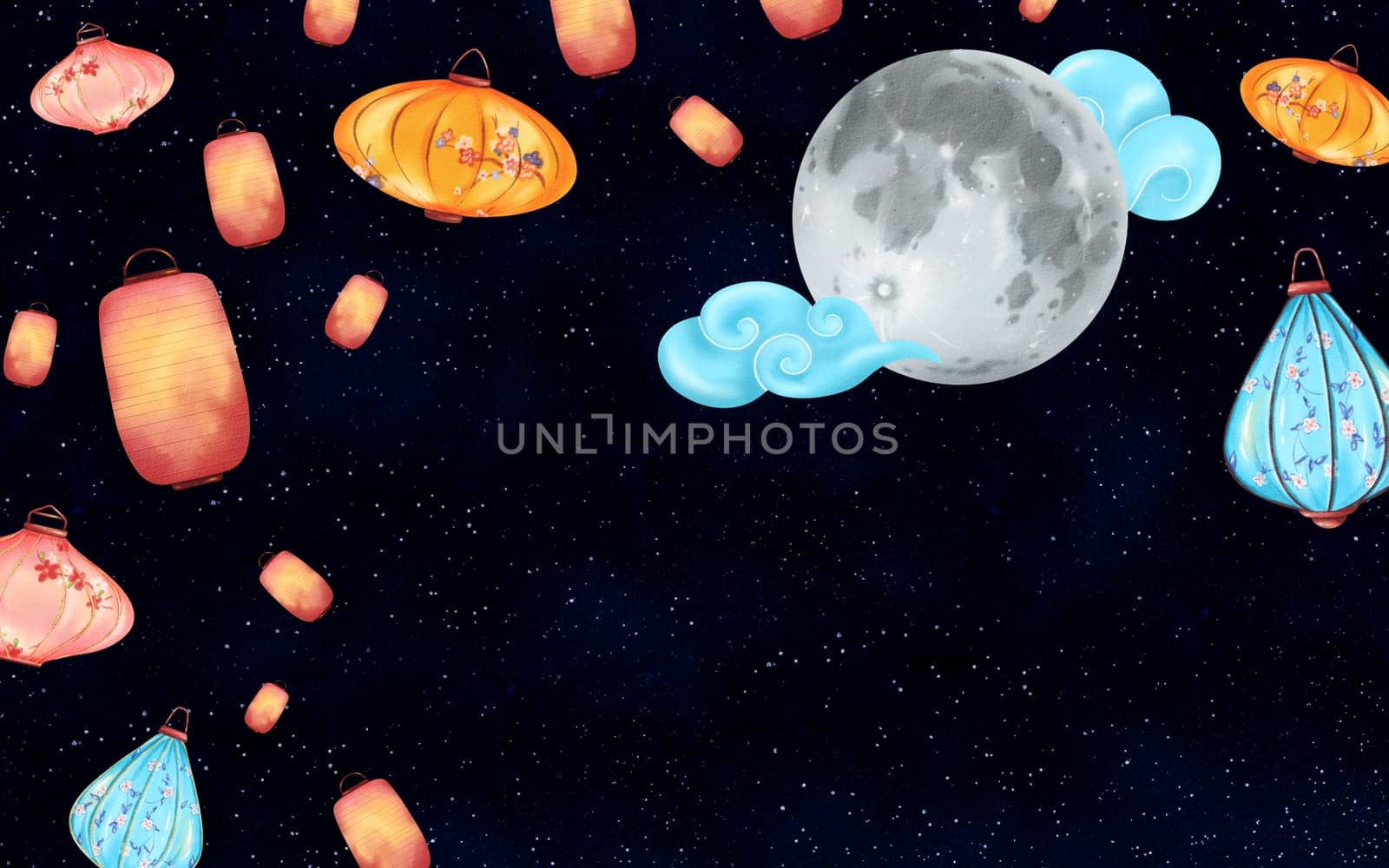 Starry night backdrop with moon and clouds, perfect for celebrating Chinese New Year or Lantern Festival. Assorted lanterns of different shapes, colors, and sizes. Watercolor illustration
