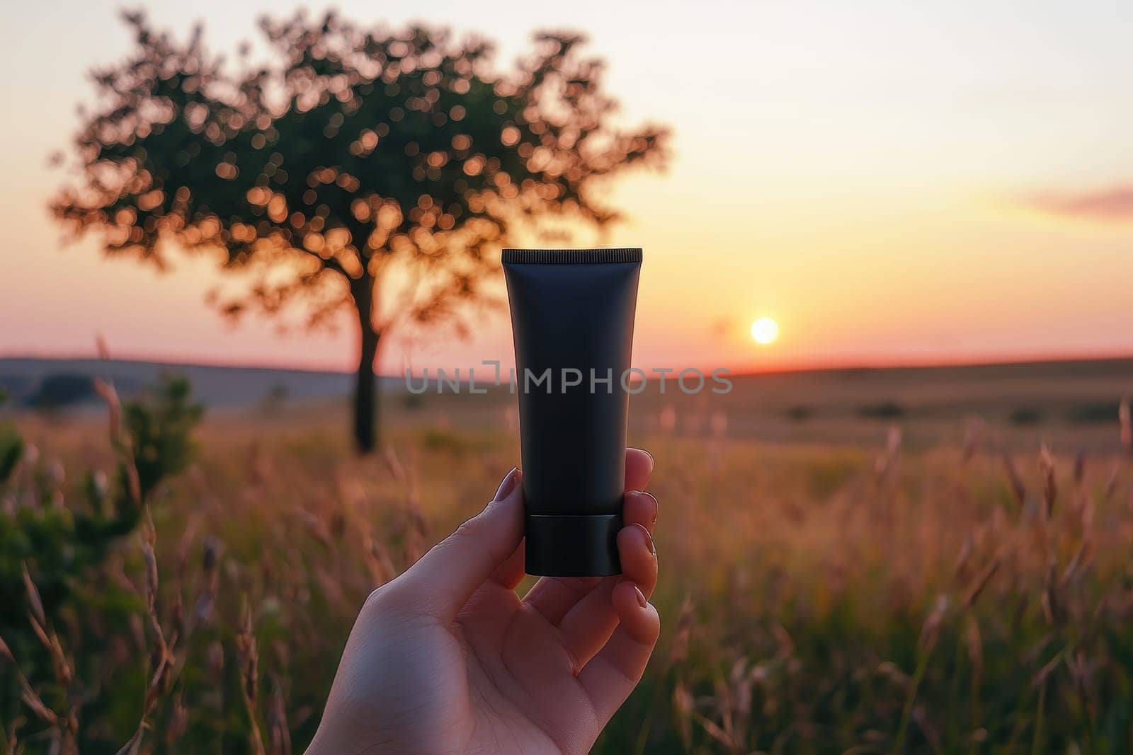 A hand presents a sleek cosmetic tube against a stunning sunset backdrop. The soft light illuminates a serene field with a tree silhouette, creating a tranquil scene.