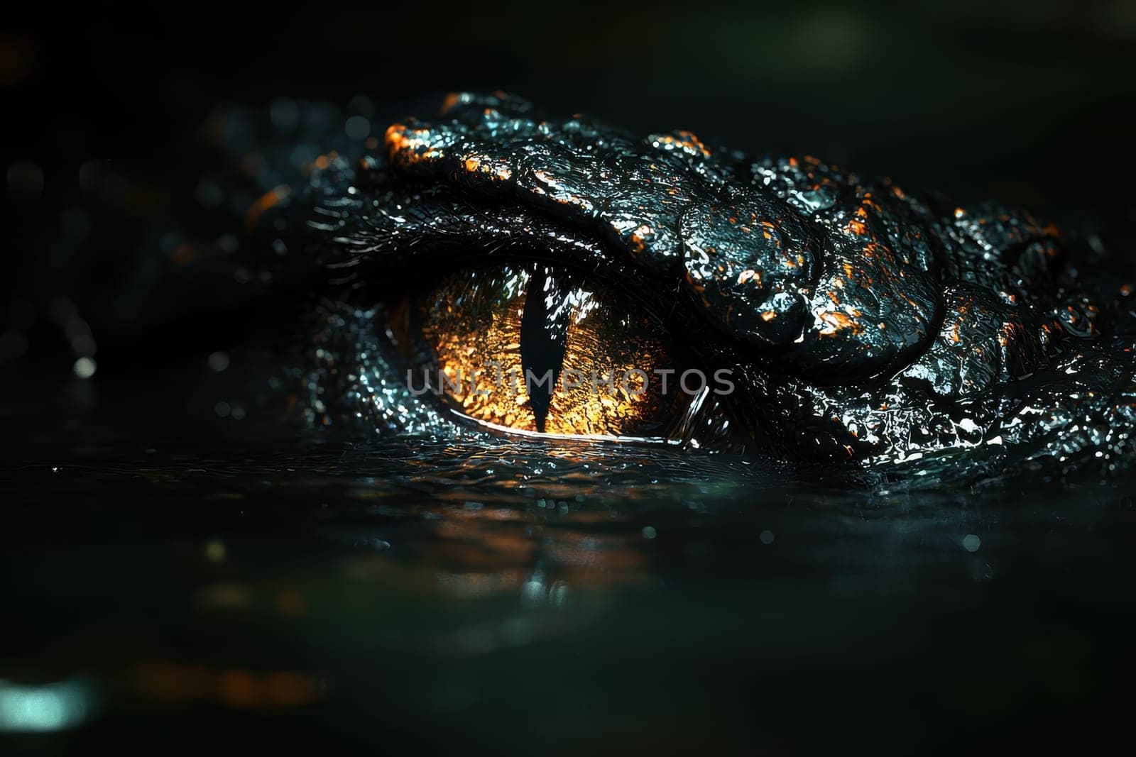 This ultra-realistic image showcases a crocodile's eye peeking out from the water, revealing captivating details and vivid coloration that highlight its powerful presence in the wild.