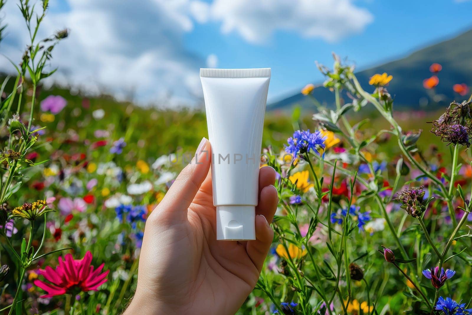 A hand showcasing a clean white cosmetic tube amidst a vibrant flower field, perfect for beauty and skincare products. Ideal for natural and fresh branding.