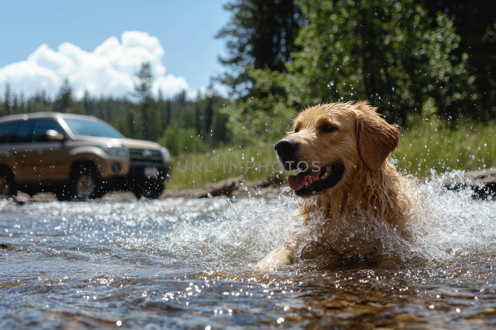A joyful golden retriever splashes playfully in a tranquil river, showcasing the beauty of nature on a sunny day amidst vibrant greenery.