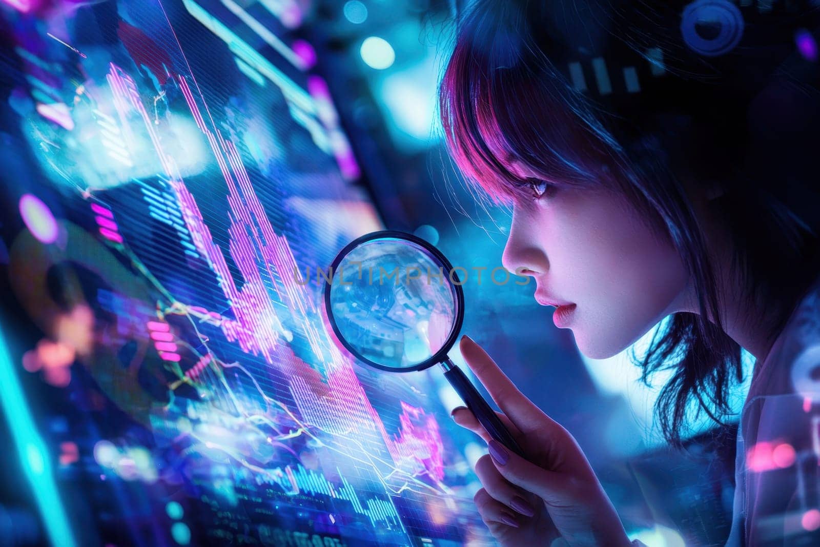 A businessperson uses a magnifying glass to closely examine digital data and charts, emphasizing the importance of detailed analysis in the modern workplace.