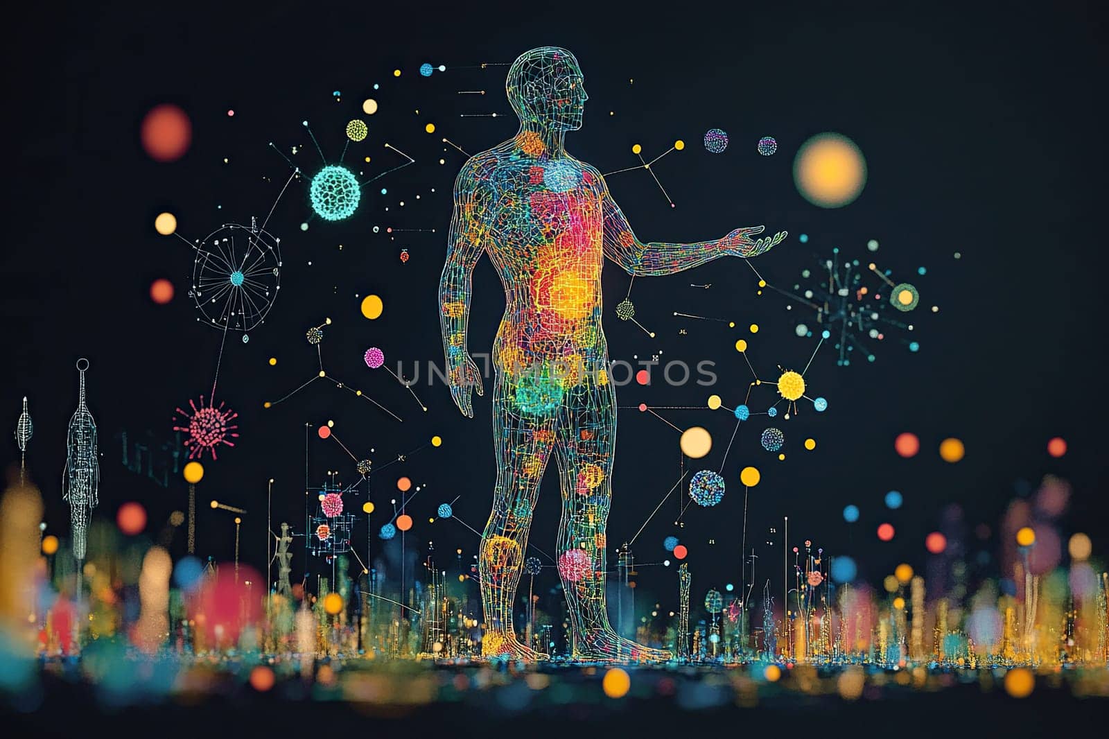 Human body microbiome. The human body with many microorganisms of different colors.