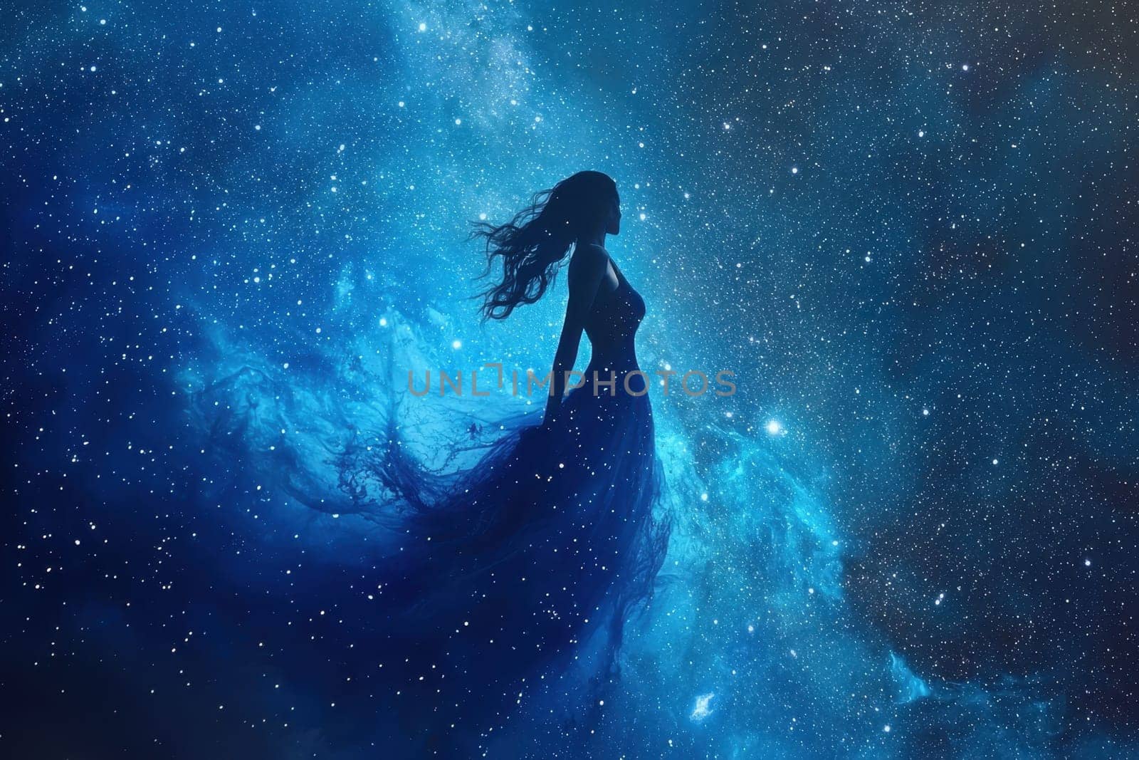 An ethereal silhouette of a woman in a flowing dress surrounded by a stunning blue nebula, radiating beauty and serenity amidst the cosmic backdrop of stars.