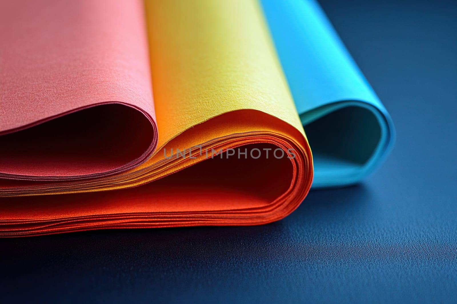 Folded colored sheets of paper stand on the table, top view of the edge of the sheets of paper. Abstract paper background.