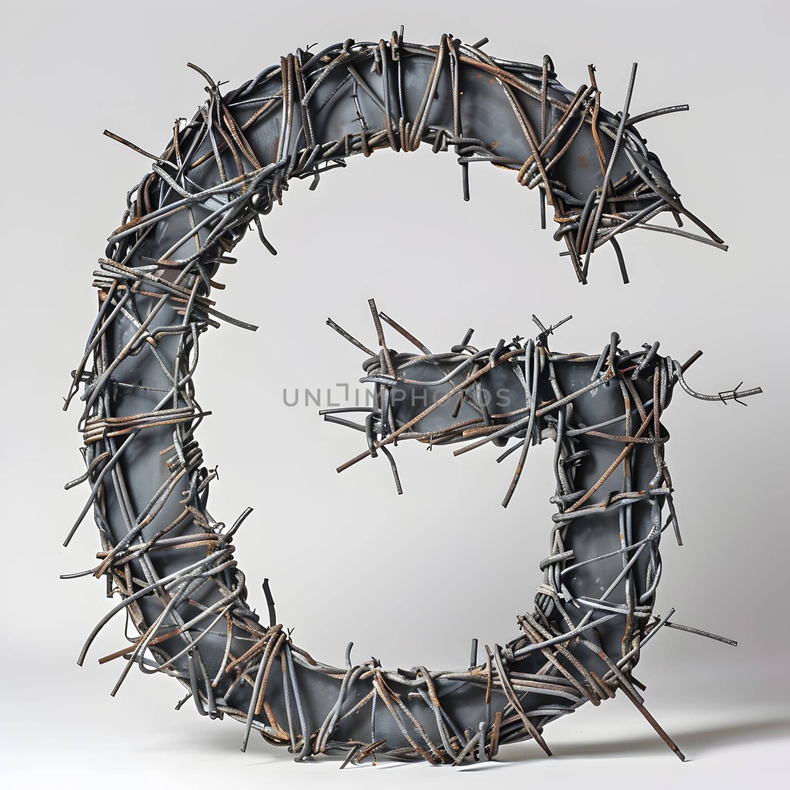 The letter g is created using a twig intertwined with barbed wire, resembling a unique art piece. The headgear shows a circle rim made of wood and metal elements, resembling an automotive tire font