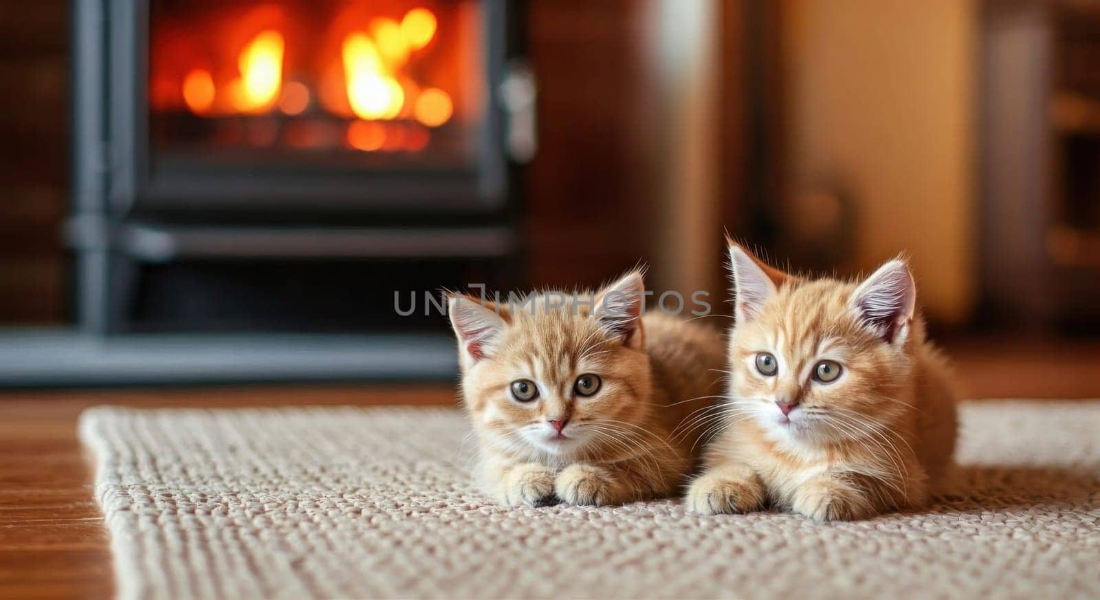 Winter image of cute pets. Comfort in the house. Space heating and saving electricity. Copy space. Generated by AI. Banner for web pages