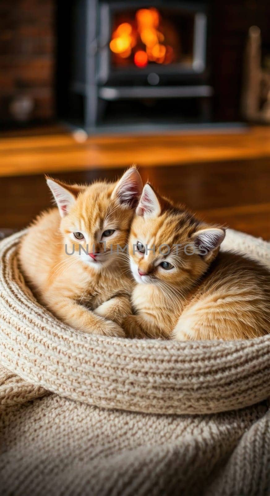 Winter image of cute pets. Comfort in the house. Space heating and saving electricity. Copy space. Generated by AI. Vertical format, ideal for social media postings