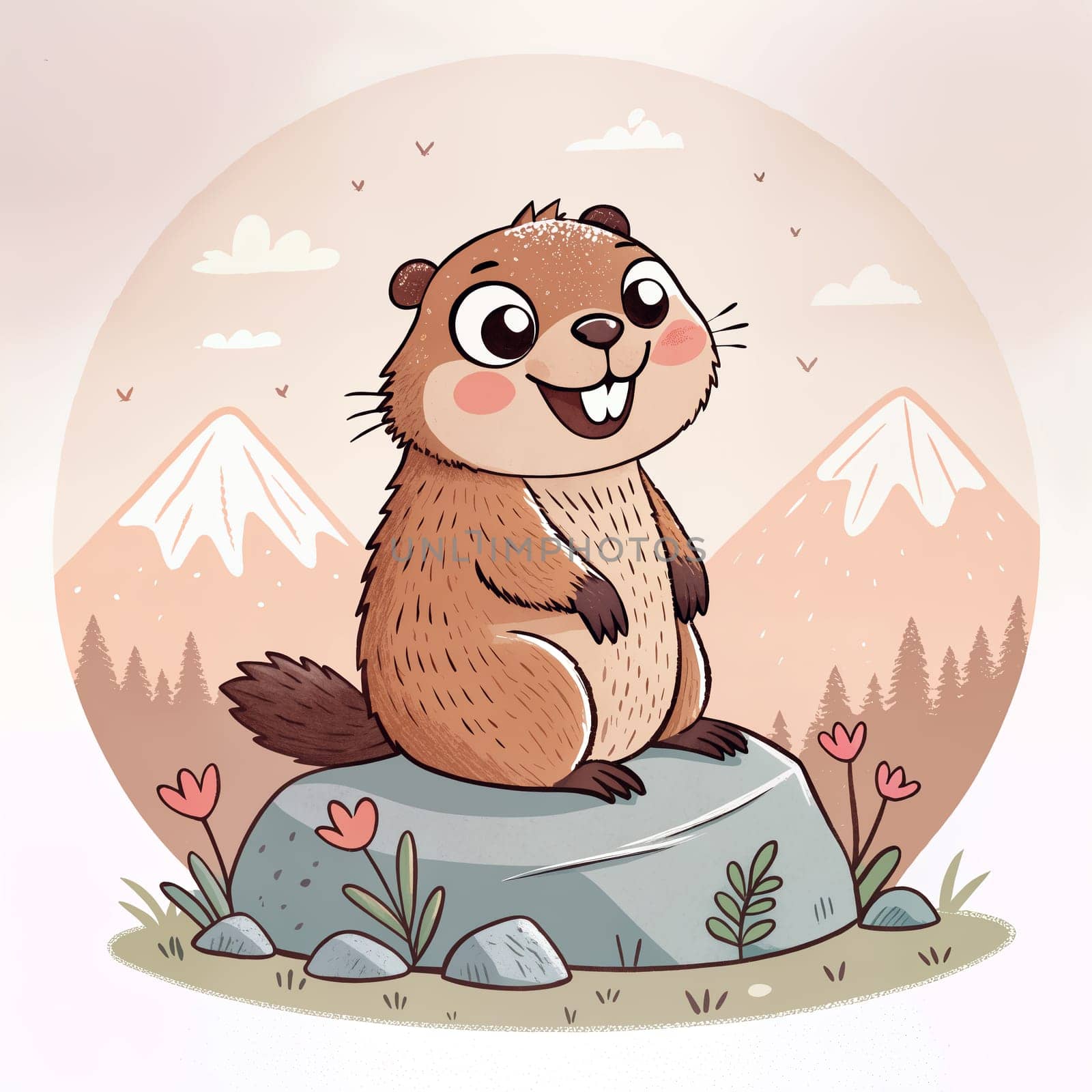 logo of a cute marmot with a broad smile sitting on a rock, surrounded by colorful flowers and mountains in the background, showcasing a playful forest setting - Generative AI