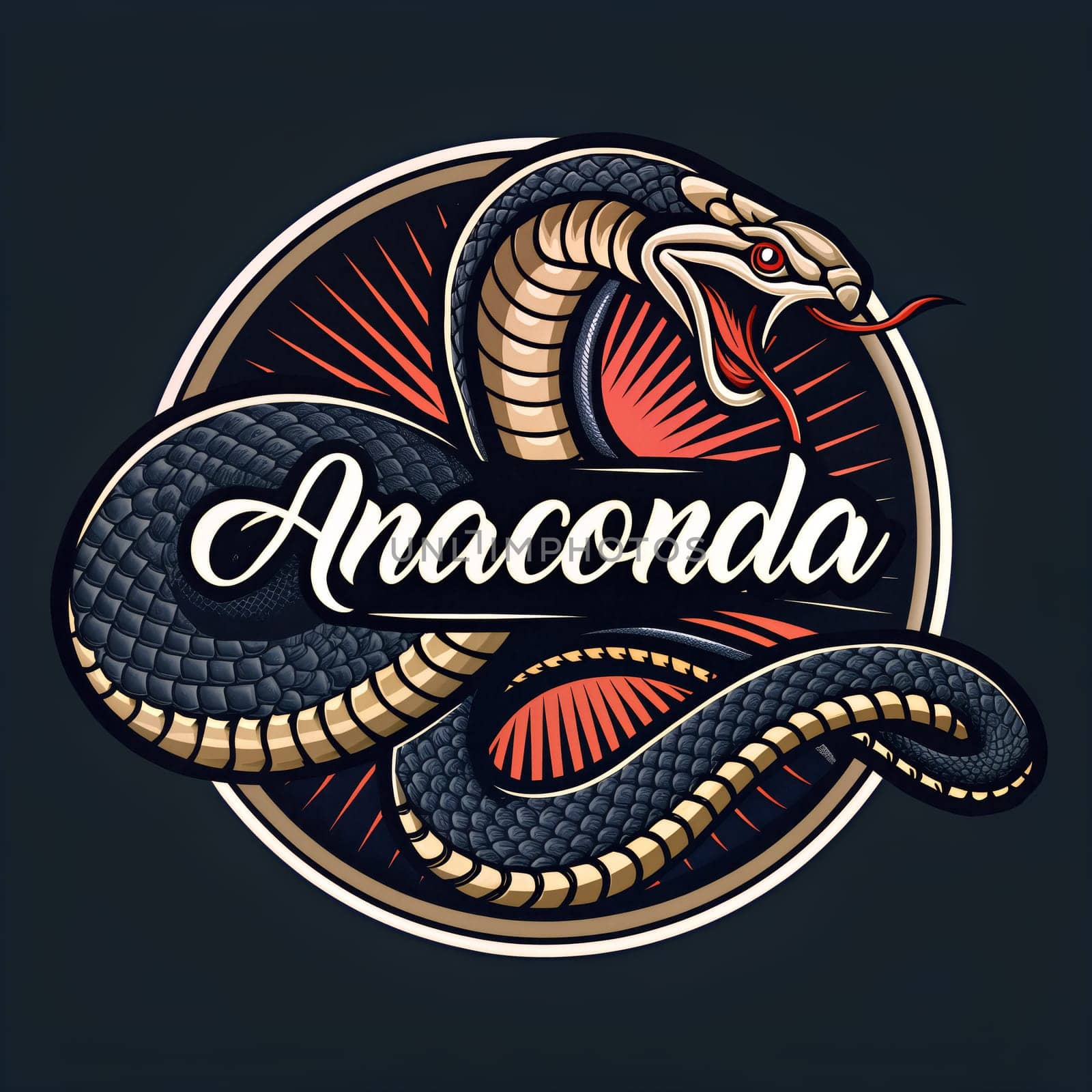 A striking logo illustration features a menacing anaconda poised to strike, designed with intricate scales and dynamic colors against a dark backdrop - Generative AI