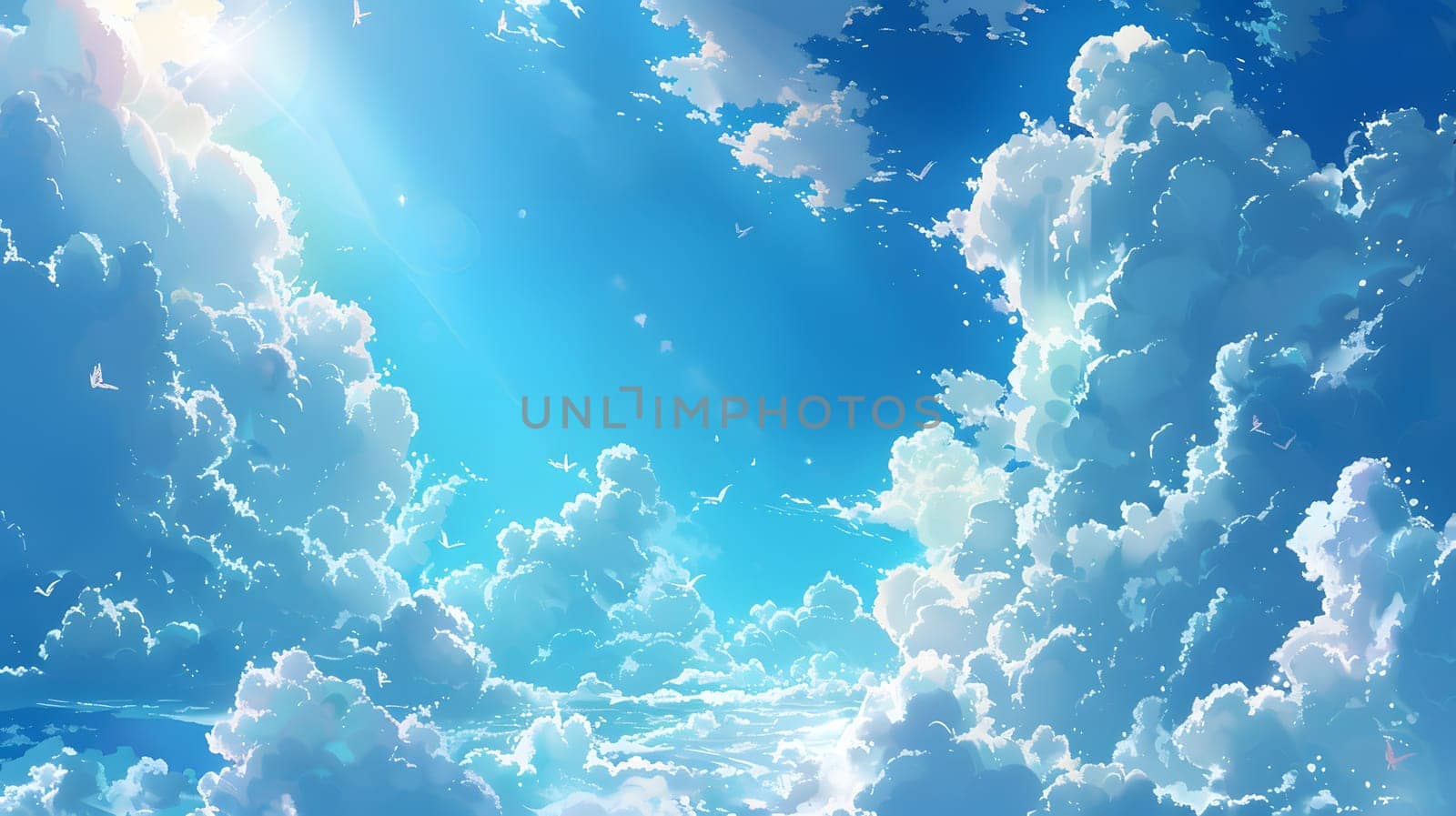 Cumulus clouds are parting, revealing the sun shining in the electric blue sky. A beautiful meteorological phenomenon in the natural landscape