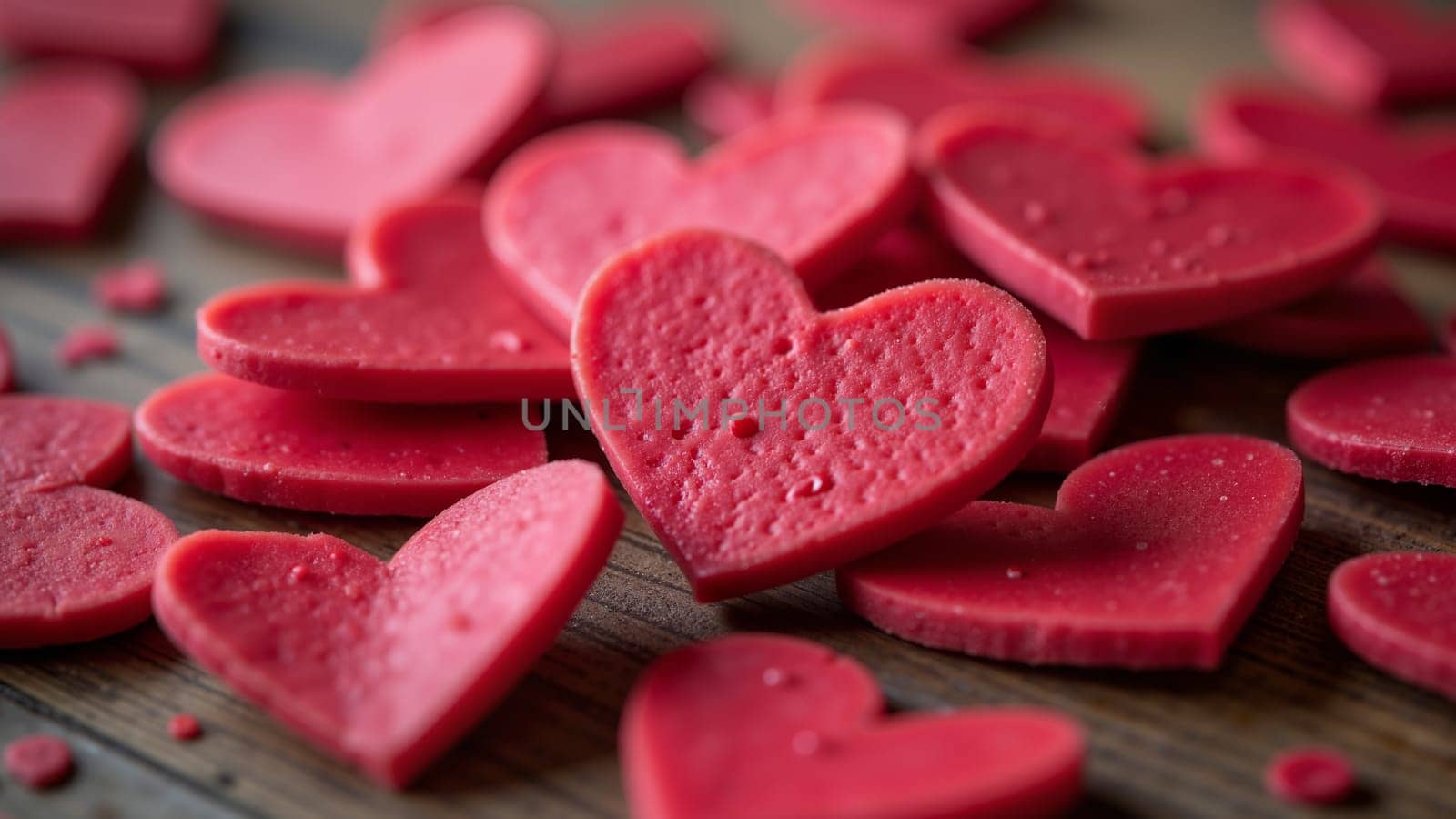 A pile of red hearts on a wooden surface. The hearts are made of a material that looks like candy. Concept of love and affection