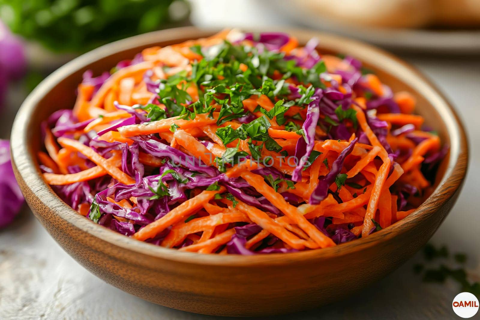 A bowl of colorful spring vegetable salad with grated carrots and shredded purple cabbage stands on a wooden table. Healthy eating. Vegetarian food. AI generated.