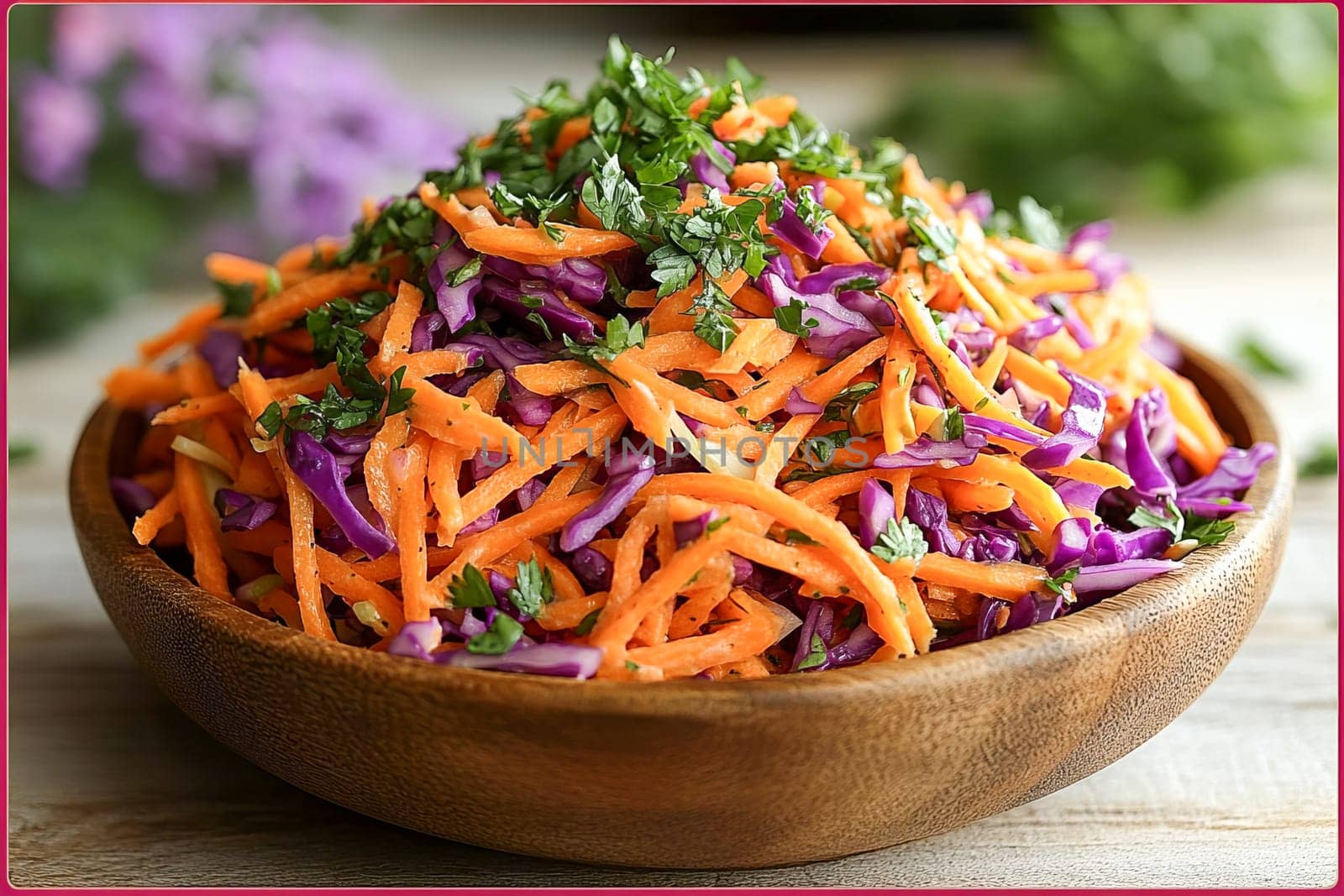 A bowl of colorful spring vegetable salad with grated carrots and shredded purple cabbage stands on a wooden table. Healthy eating. Vegetarian food. AI generated.