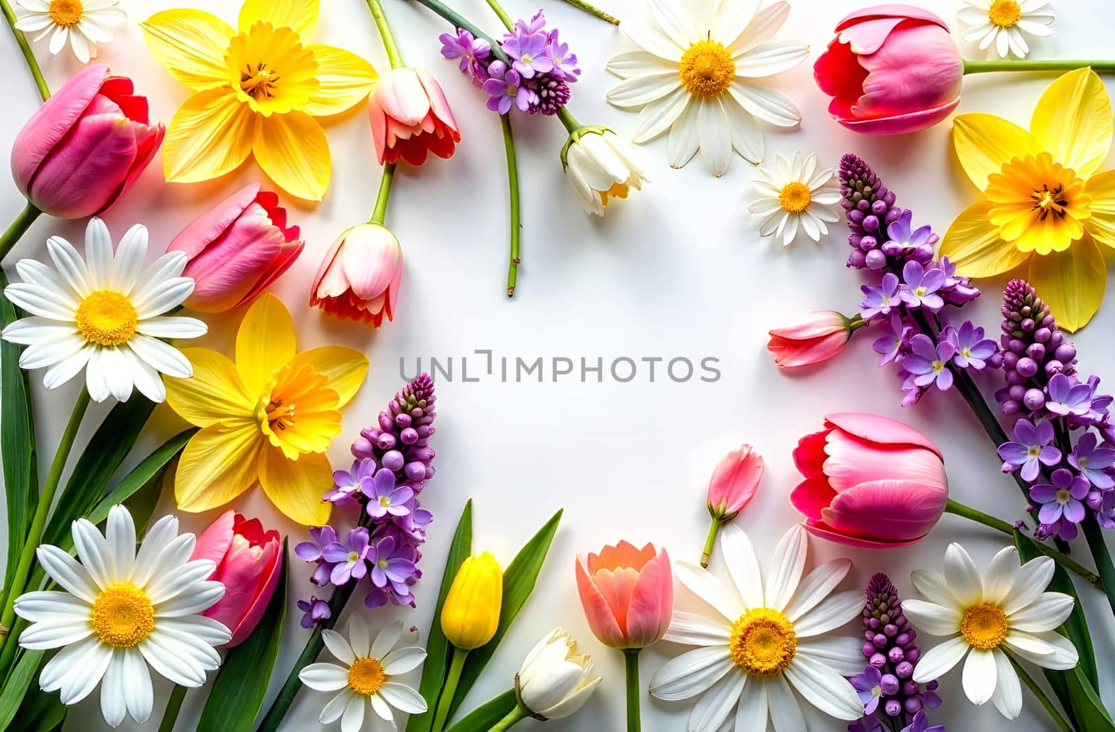 Brightly colored spring flowers are elegantly arranged, creating a vibrant atmosphere ideal for celebrations or messages.