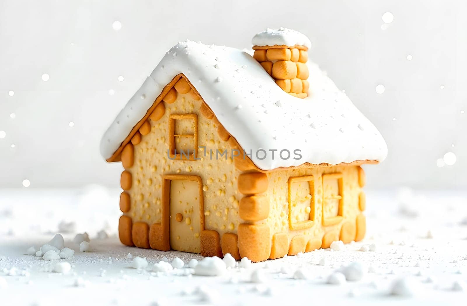 A beautifully crafted gingerbread house is decorated with snow-like icing, capturing the festive spirit of Christmas and New Year.