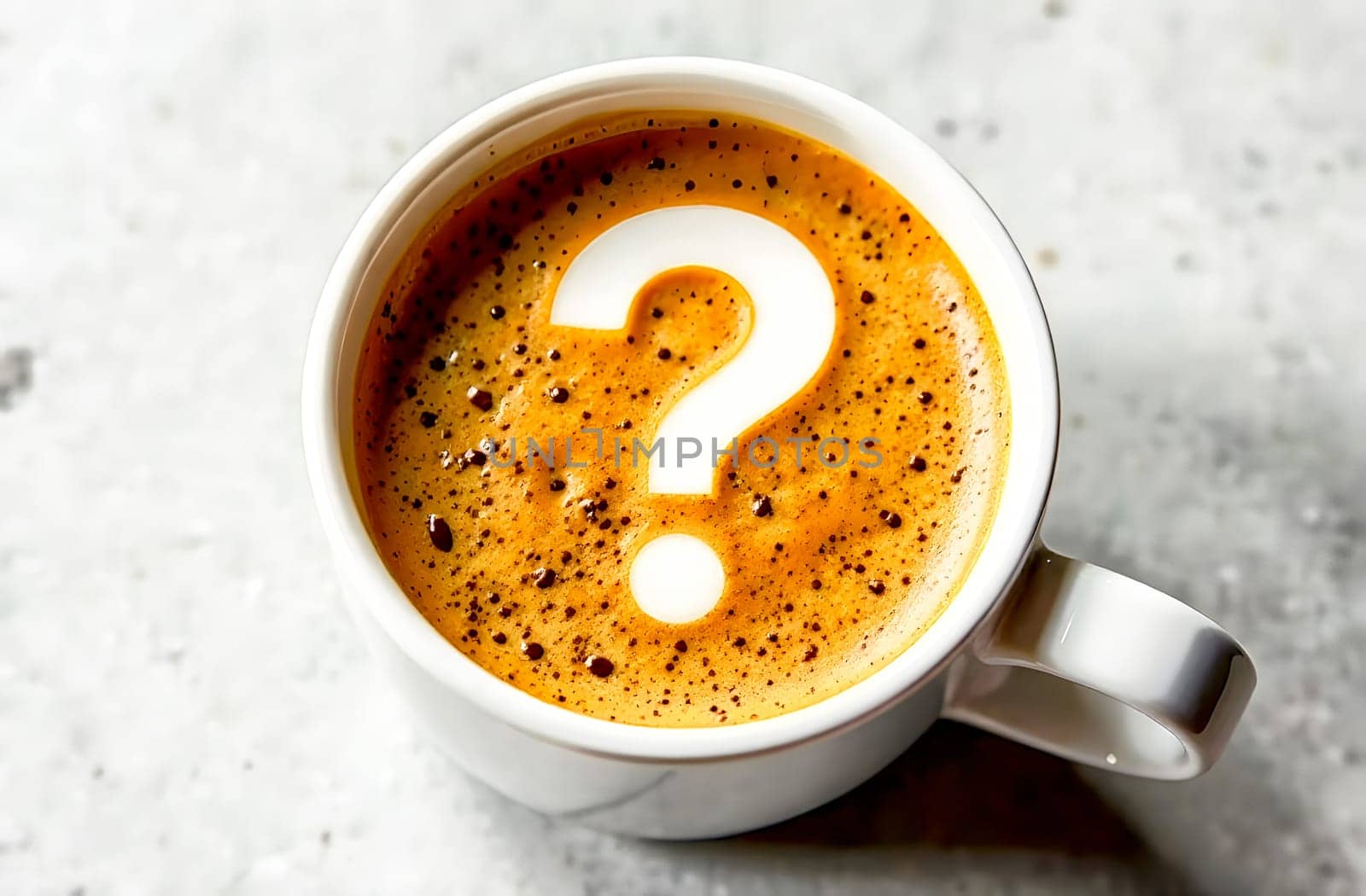 A coffee cup filled with brew features a prominent question mark, symbolizing confusion about coffee-related issues today.