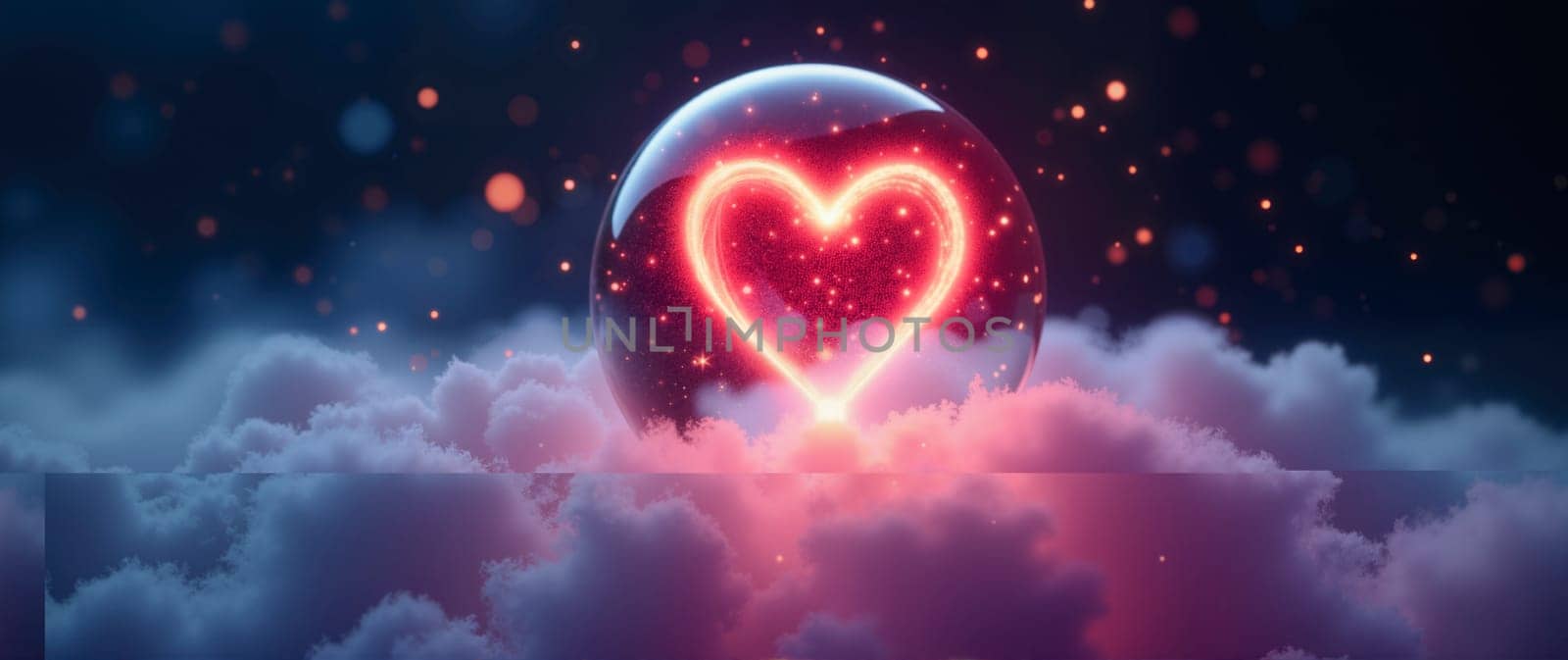 A heart is inside a glass sphere, surrounded by clouds. The heart is lit up with a red glow, giving the impression of a glowing heart. The scene is serene and peaceful, with the clouds