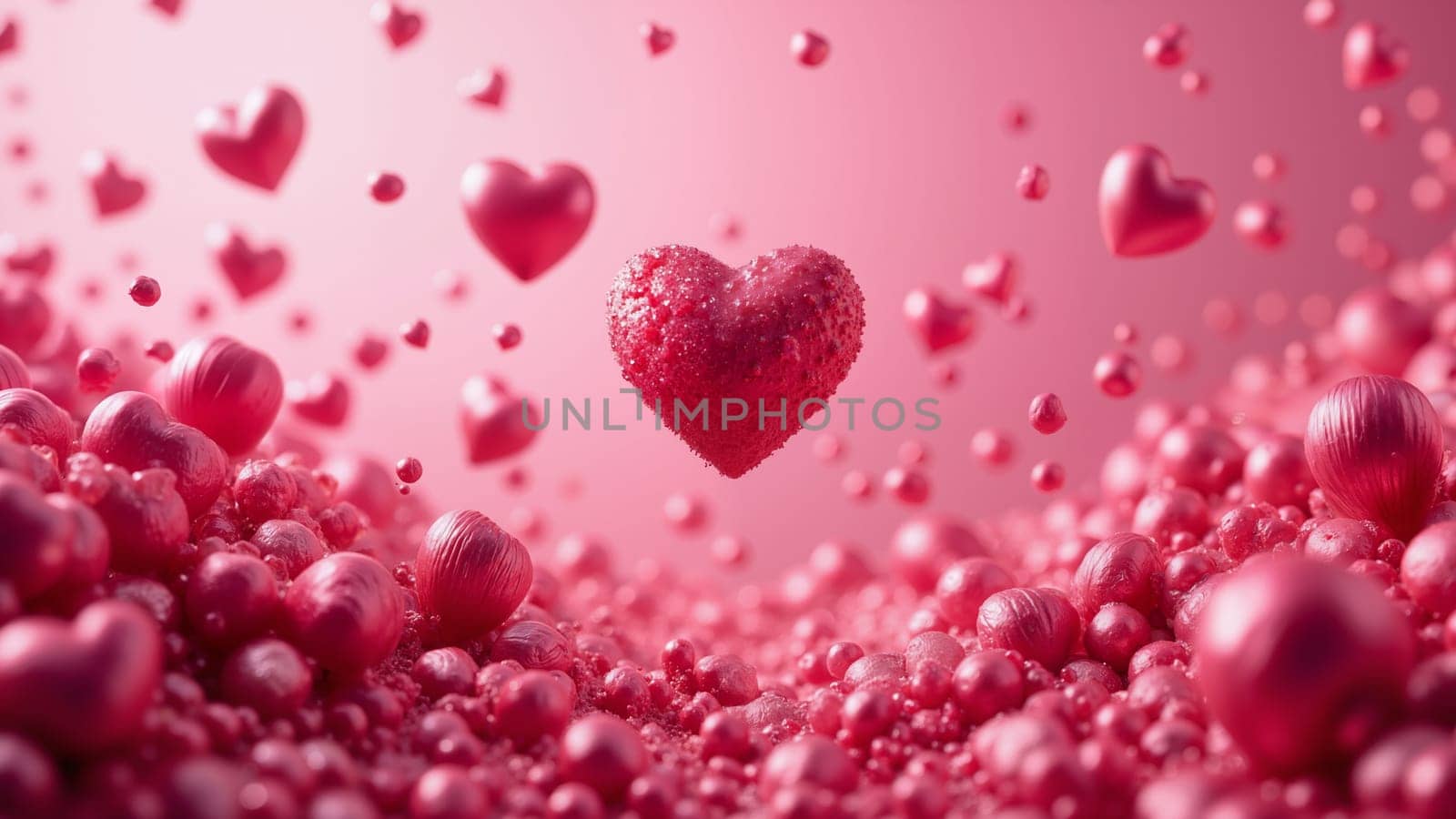 A pink background with many red hearts scattered throughout. The background is bright and cheerful, giving off a happy and loving vibe
