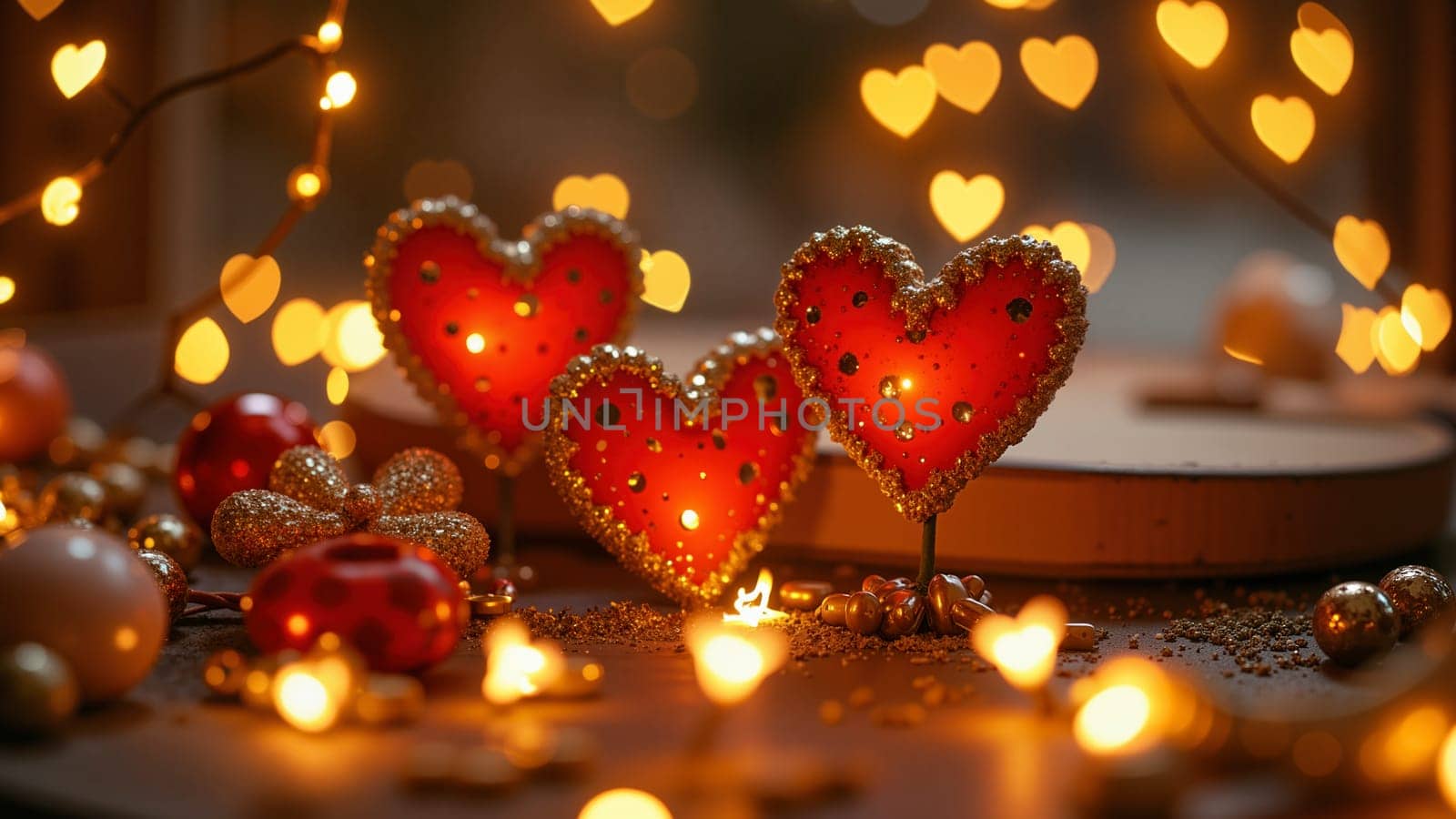 Three red hearts are lit up and placed on a table. The table is surrounded by lights, creating a warm and cozy atmosphere. The scene evokes feelings of love, warmth, and celebration