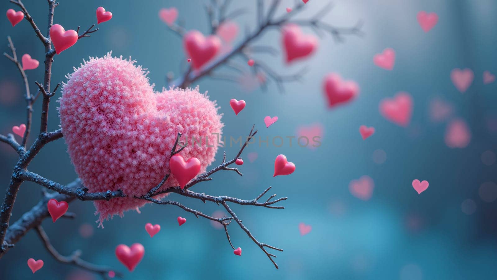 A tree branch with a pink heart and many pink hearts scattered around it. Concept of love and warmth