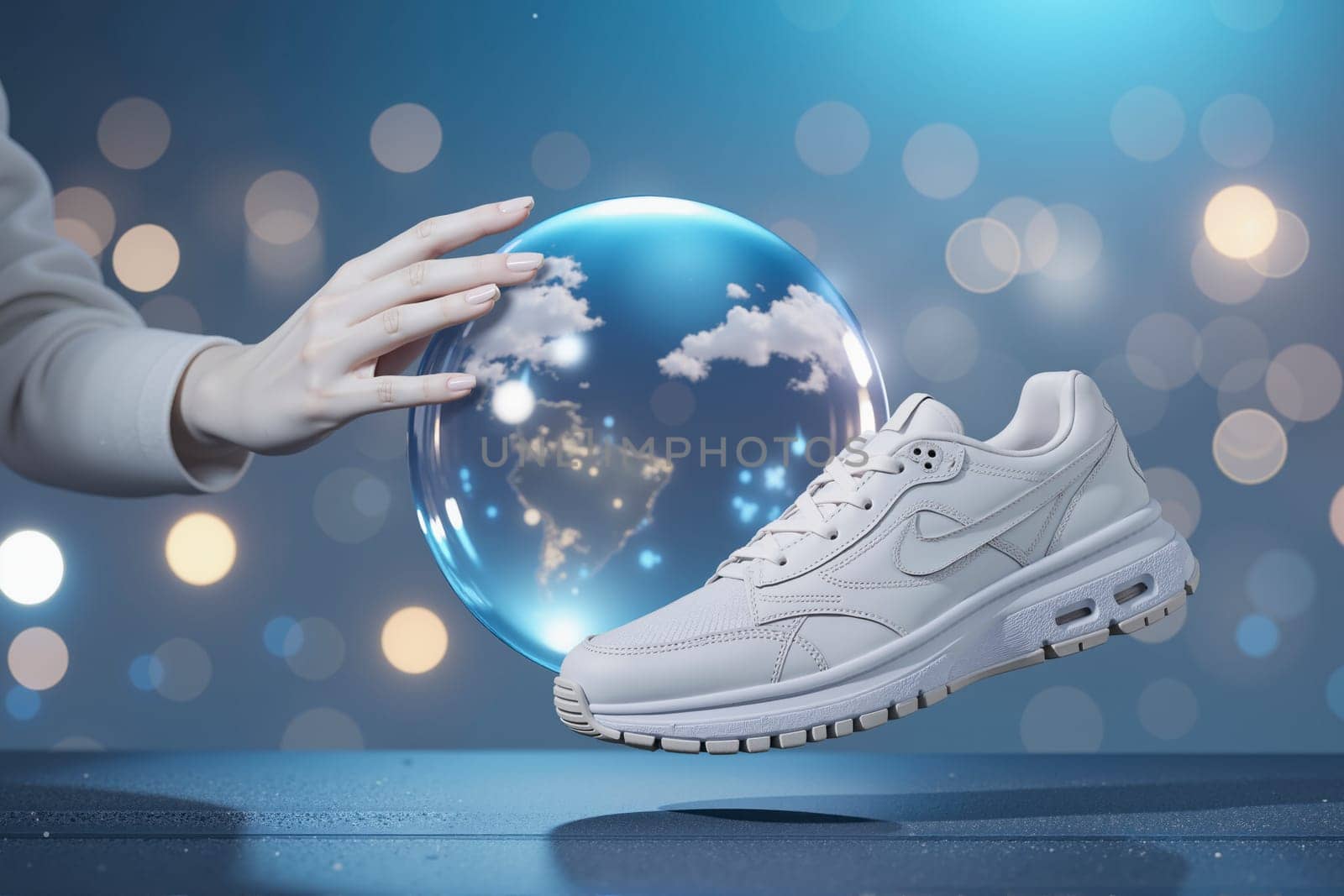 A shoe is floating above a globe. The shoe is white and the globe is clear. The image has a futuristic and modern feel to it