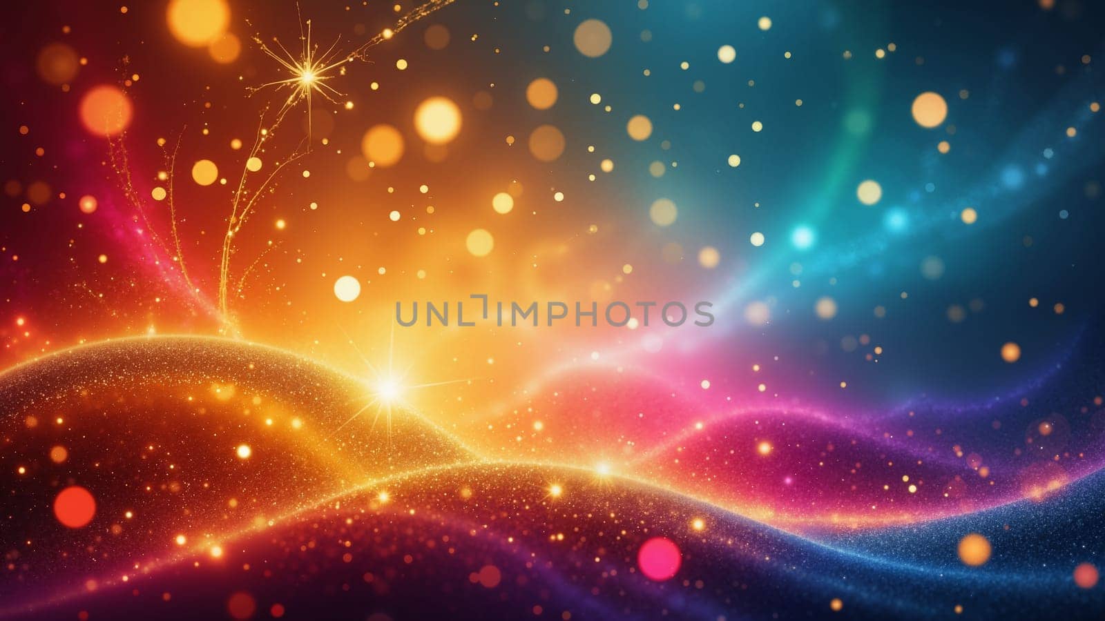 A colorful, glowing, and dynamic background with a bright yellow sun in the center. The sun is surrounded by a multitude of sparkling stars, creating a sense of wonder and excitement