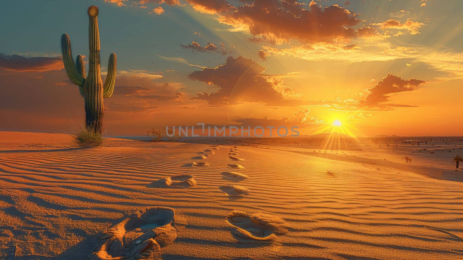A mesmerizing desert sunset displays a lone cactus, detailed sand patterns, and vivid colors in the sky