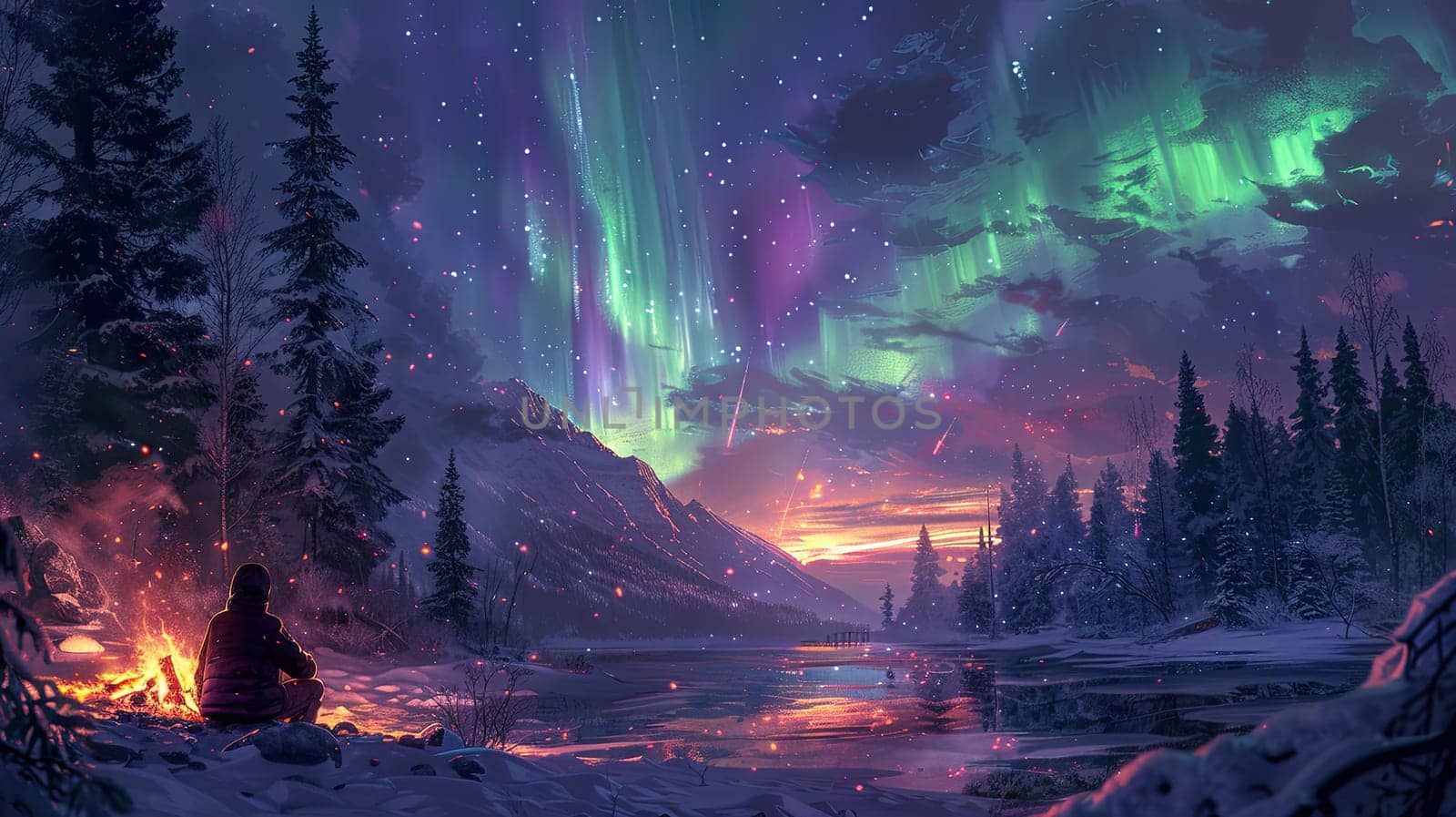 A breathtaking view of the vibrant aurora borealis illuminating a serene, snowy landscape at beautiful twilight