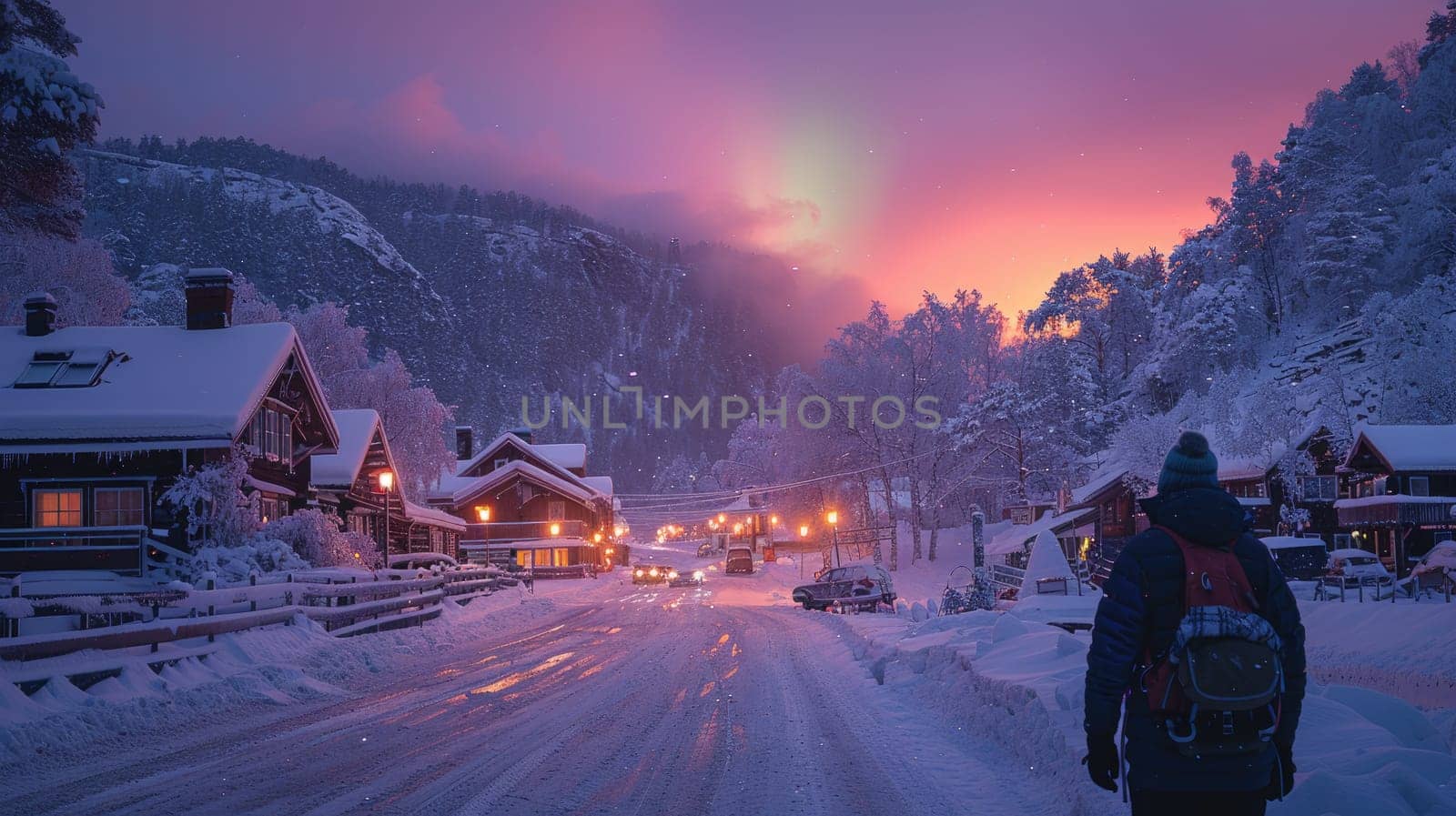 A breathtakingly picturesque winter village scene showcasing glowing auroras above charming, cozy cabins