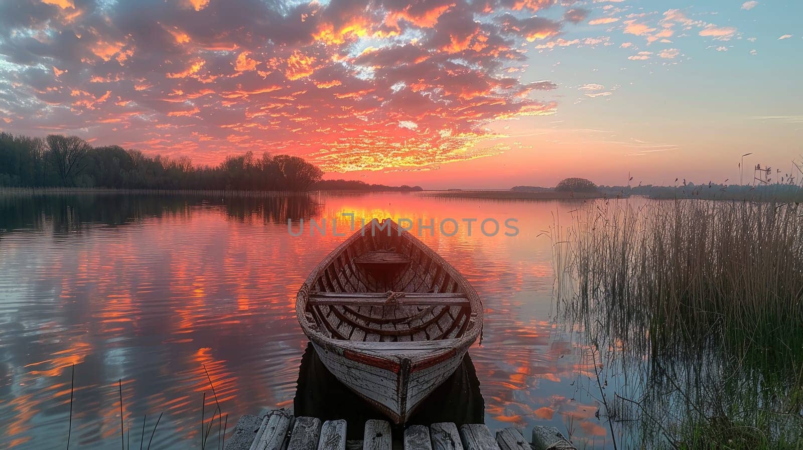 A peaceful sunset reflects on calm waters, with a docked boat capturing natures splendor perfectly