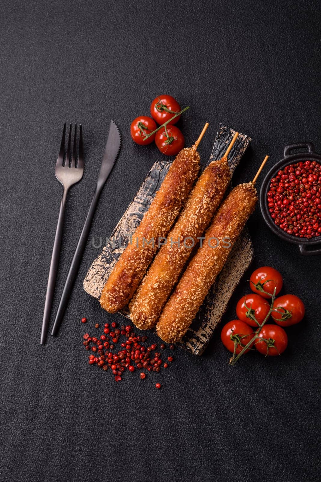 Lula kebab meat fried on a fire in breading with salt, spices and herbs on a dark concrete background