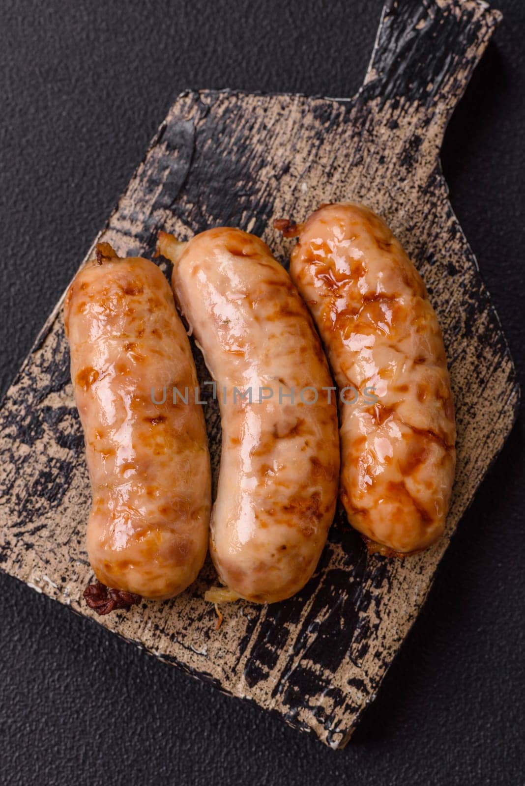 Grilled sausages with spices and herbs. Top view flat lay. With copy space