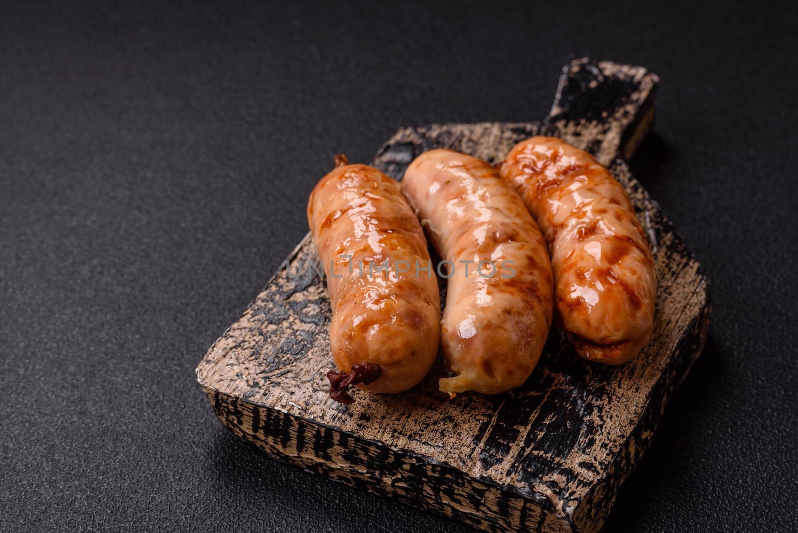 Grilled sausages with spices and herbs. Top view flat lay. With copy space