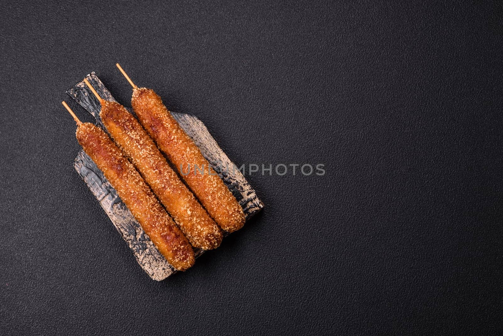 Lula kebab meat fried on a fire in breading with salt, spices and herbs on a dark concrete background