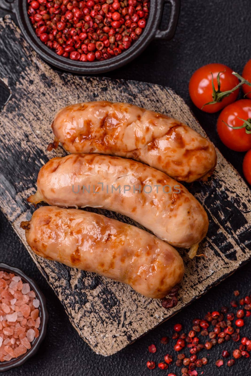 Grilled sausages with spices and herbs. Top view flat lay. With copy space