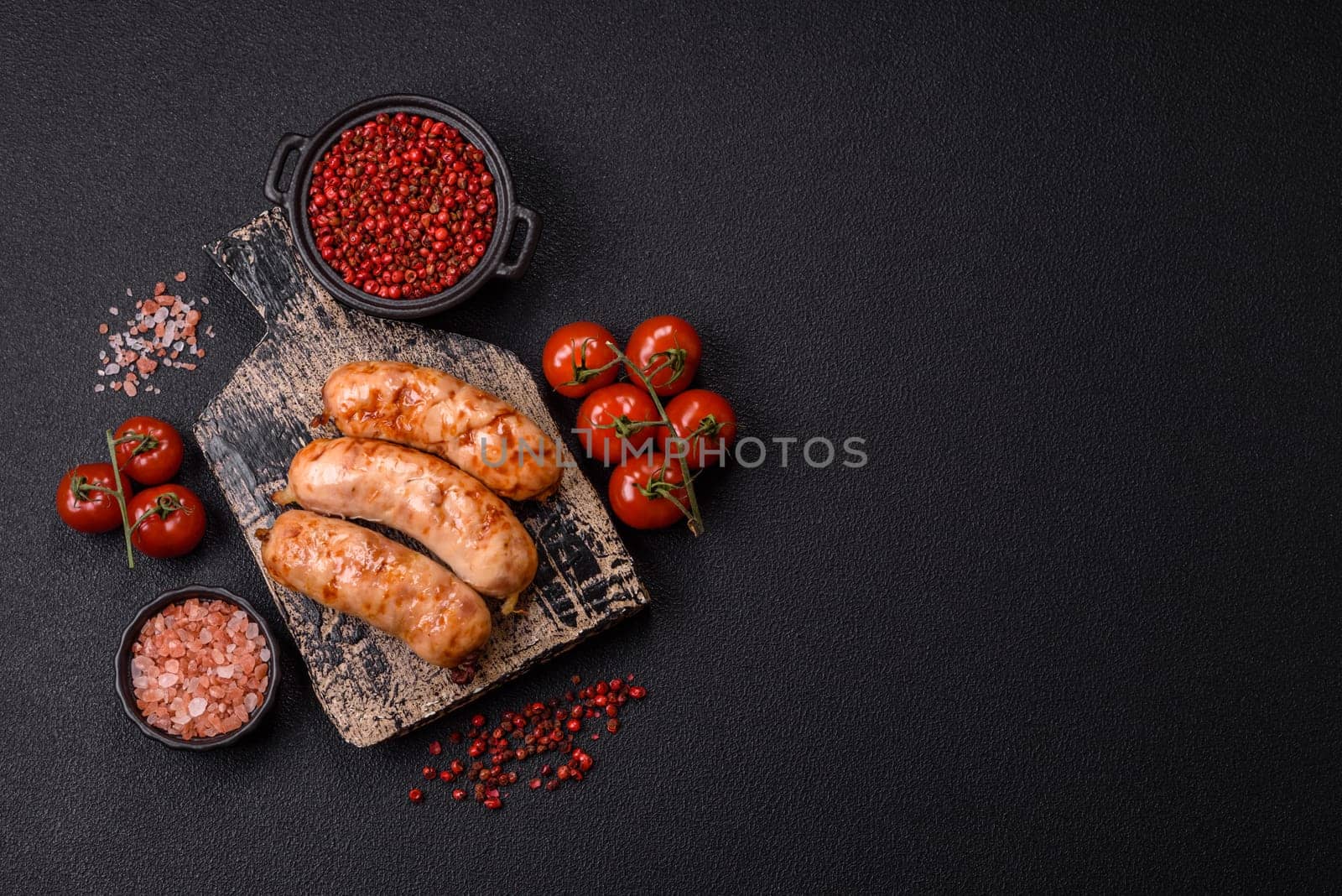 Grilled sausages with spices and herbs. Top view flat lay. With copy space