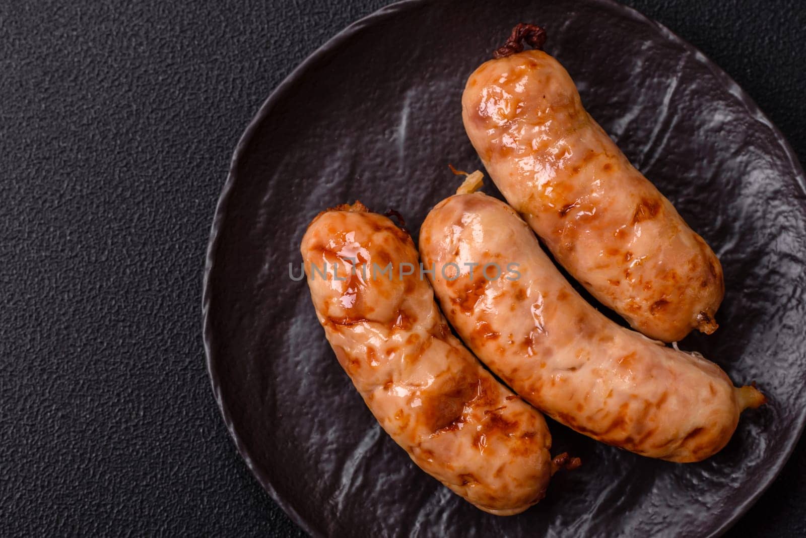 Grilled sausages with spices and herbs. Top view flat lay. With copy space