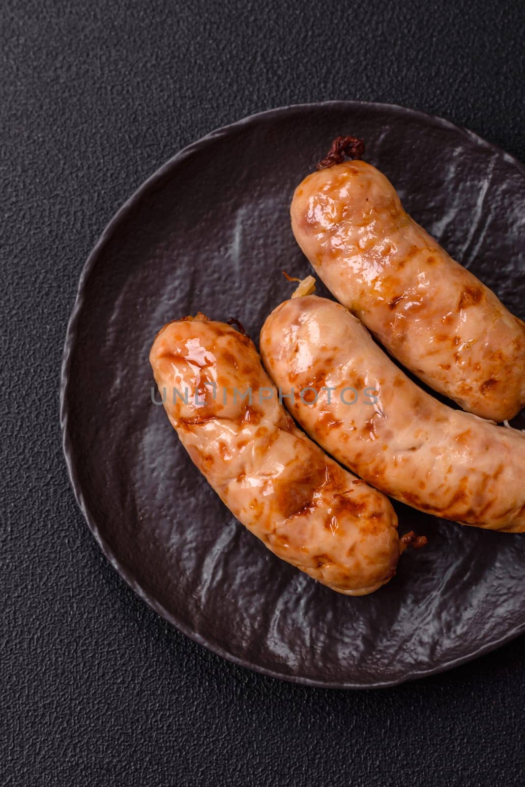 Grilled sausages with spices and herbs. Top view flat lay. With copy space