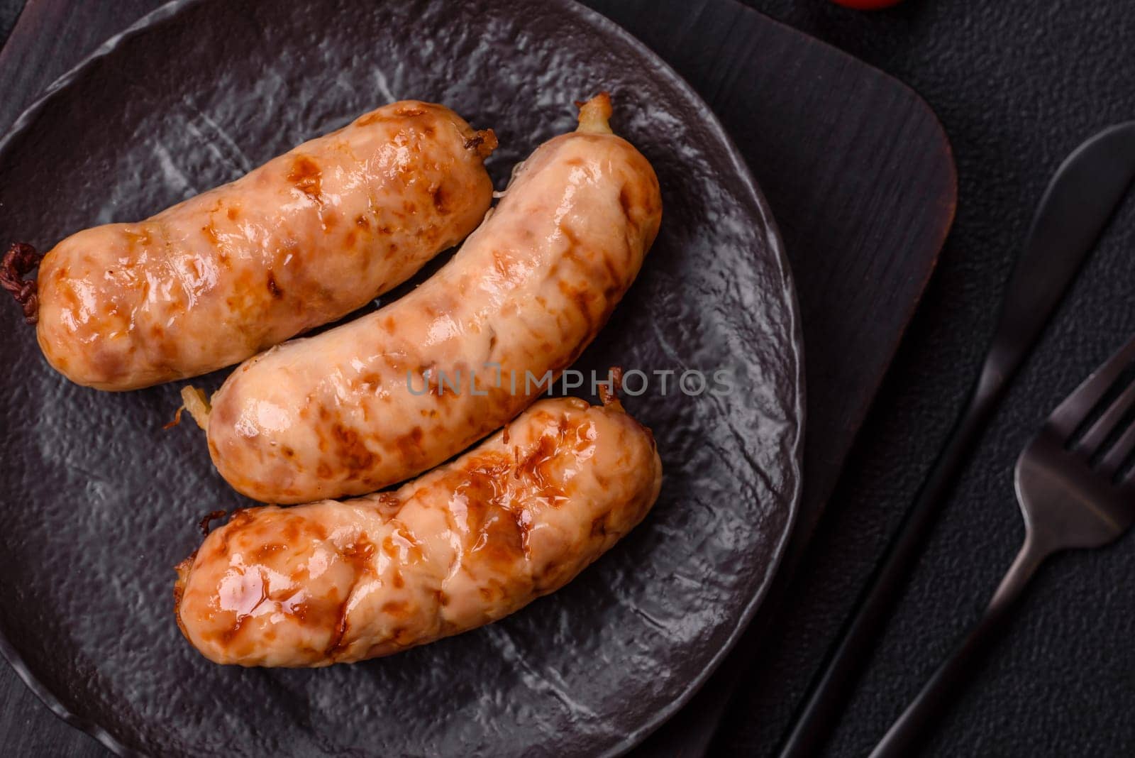 Grilled sausages with spices and herbs. Top view flat lay. With copy space