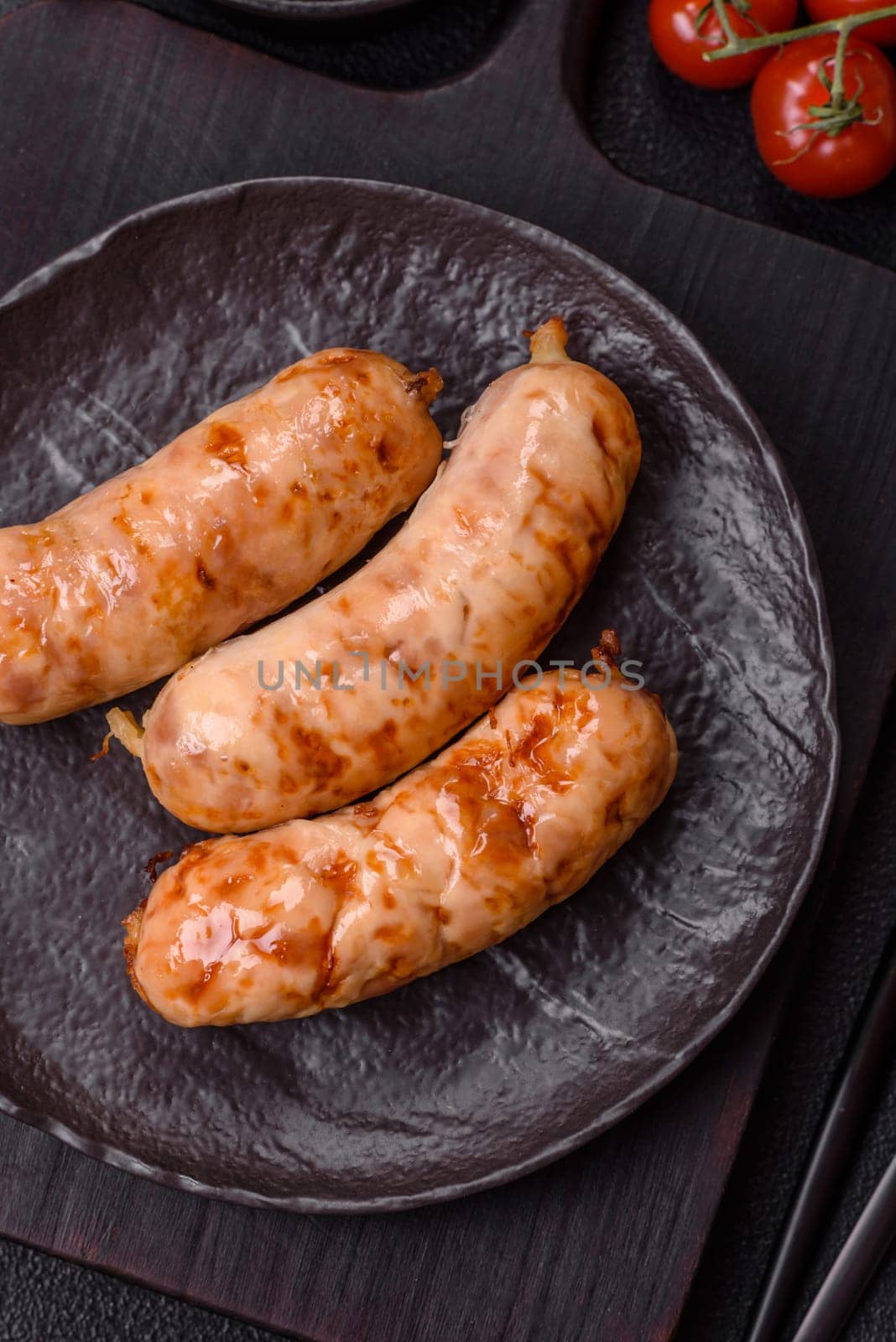 Grilled sausages with spices and herbs. Top view flat lay. With copy space