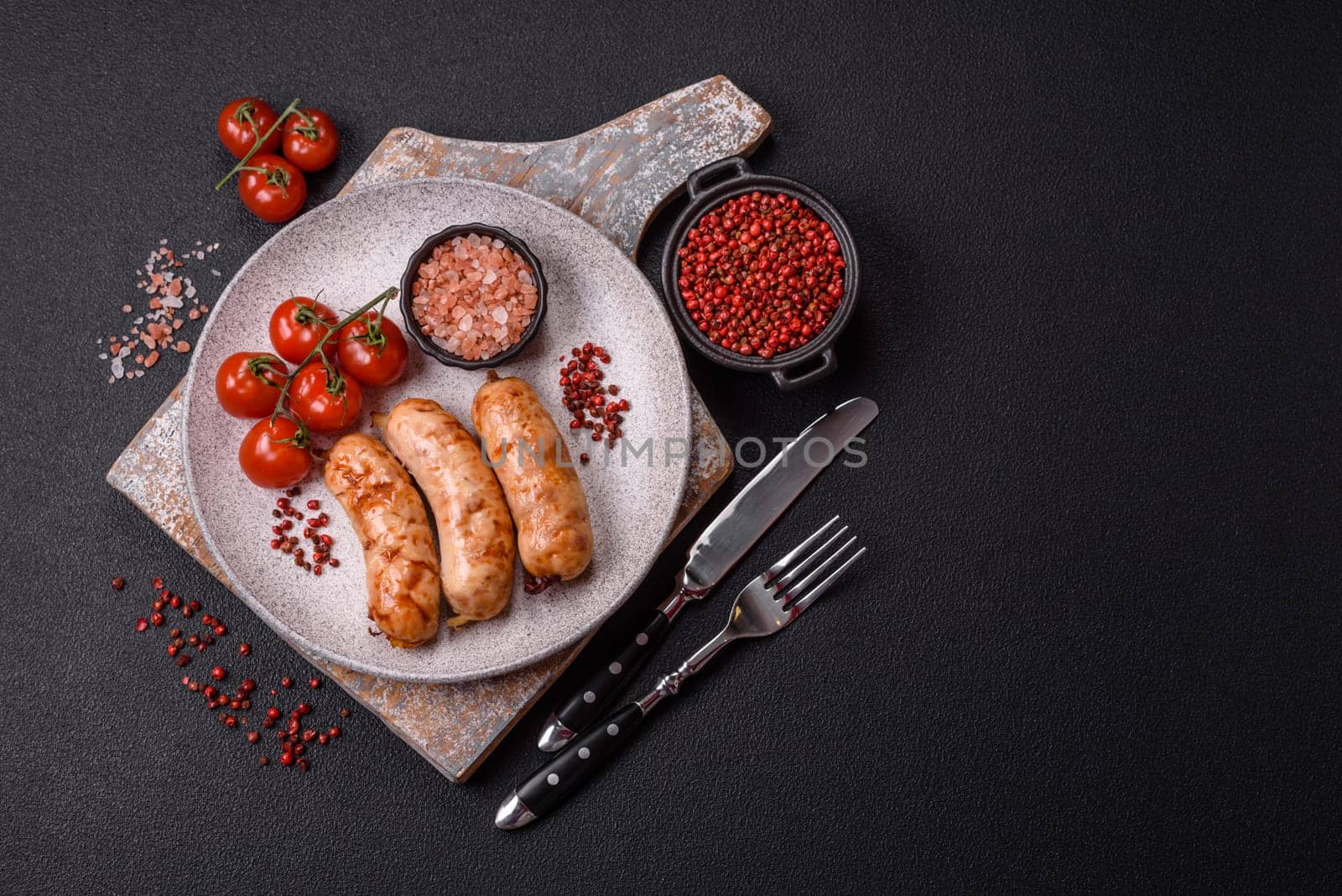 Grilled sausages with spices and herbs. Top view flat lay. With copy space