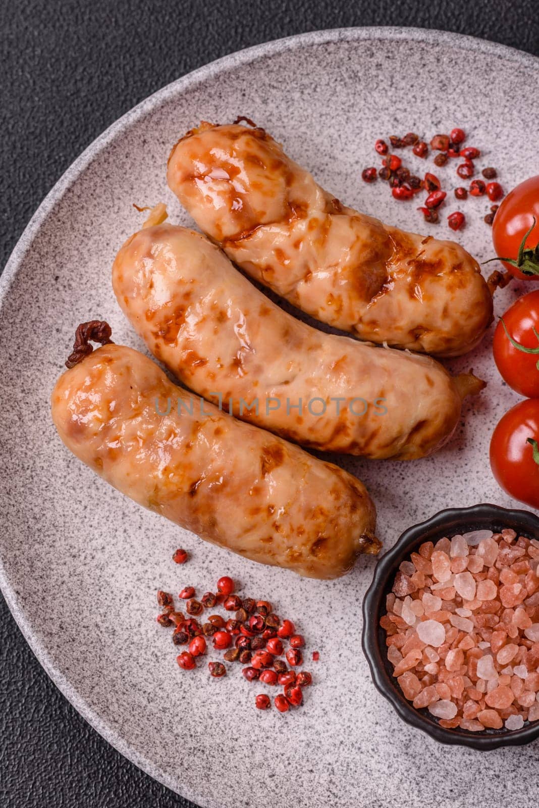 Grilled sausages with spices and herbs. Top view flat lay. With copy space